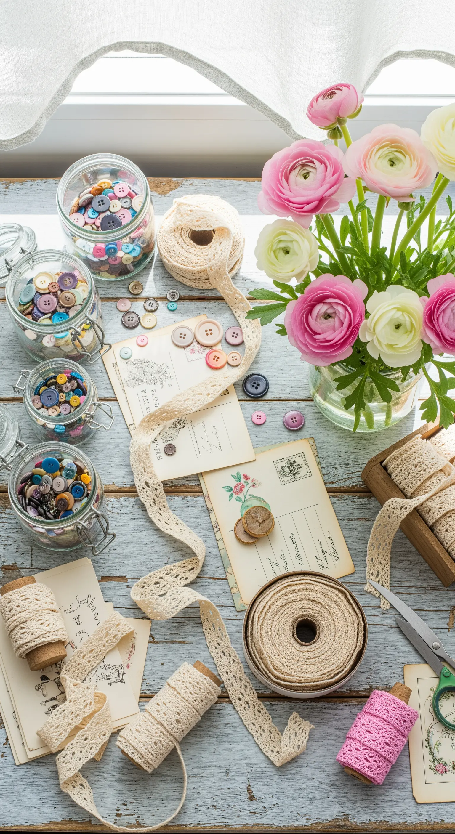 Tavolo azzurro con barattoli di bottoni, nastri di pizzo, cartoline e ranuncoli.