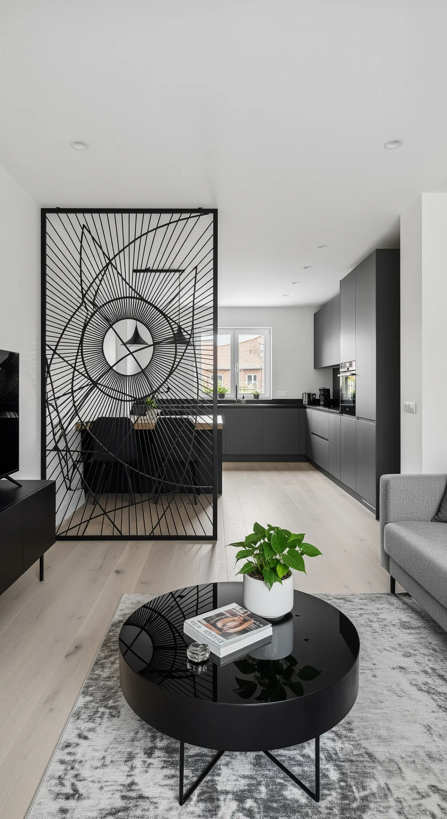 Divisorio geometrico in metallo nero tra la cucina e il soggiorno in un open space.