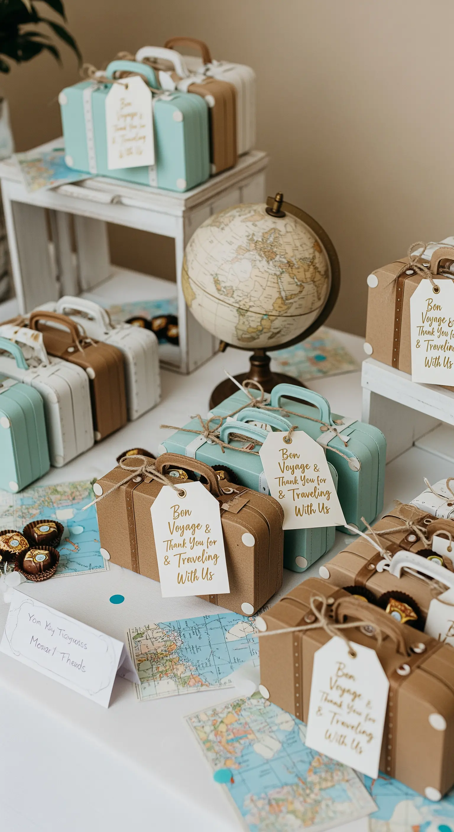 Bomboniere per matrimonio a forma di piccole valigie di cartone con etichetta di ringraziamento.
