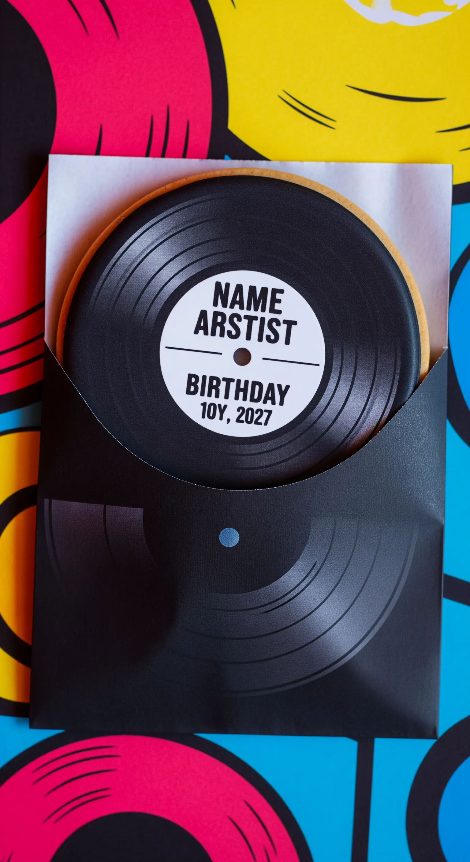 Biscotto a forma di vinile inserito in una custodia personalizzata a tema musicale.