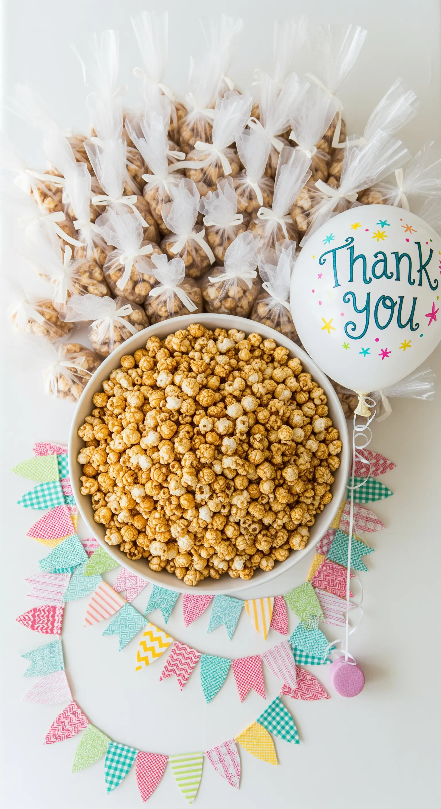 Tavolo con popcorn caramellato come bomboniera e un palloncino con la scritta 'Thank You'.