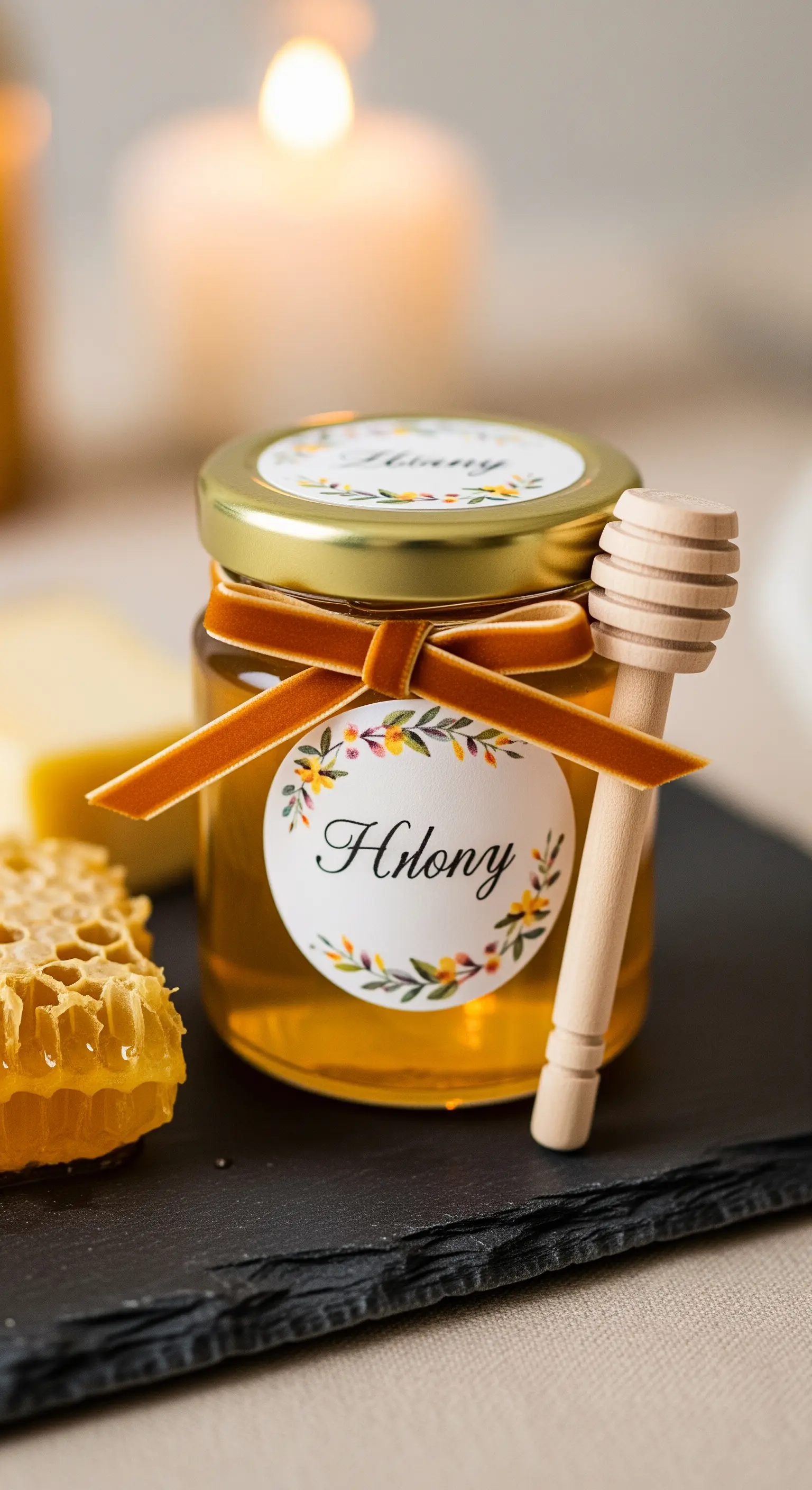 Vasetto di miele personalizzato con spargimiele, un segnaposto dolce e rustico.