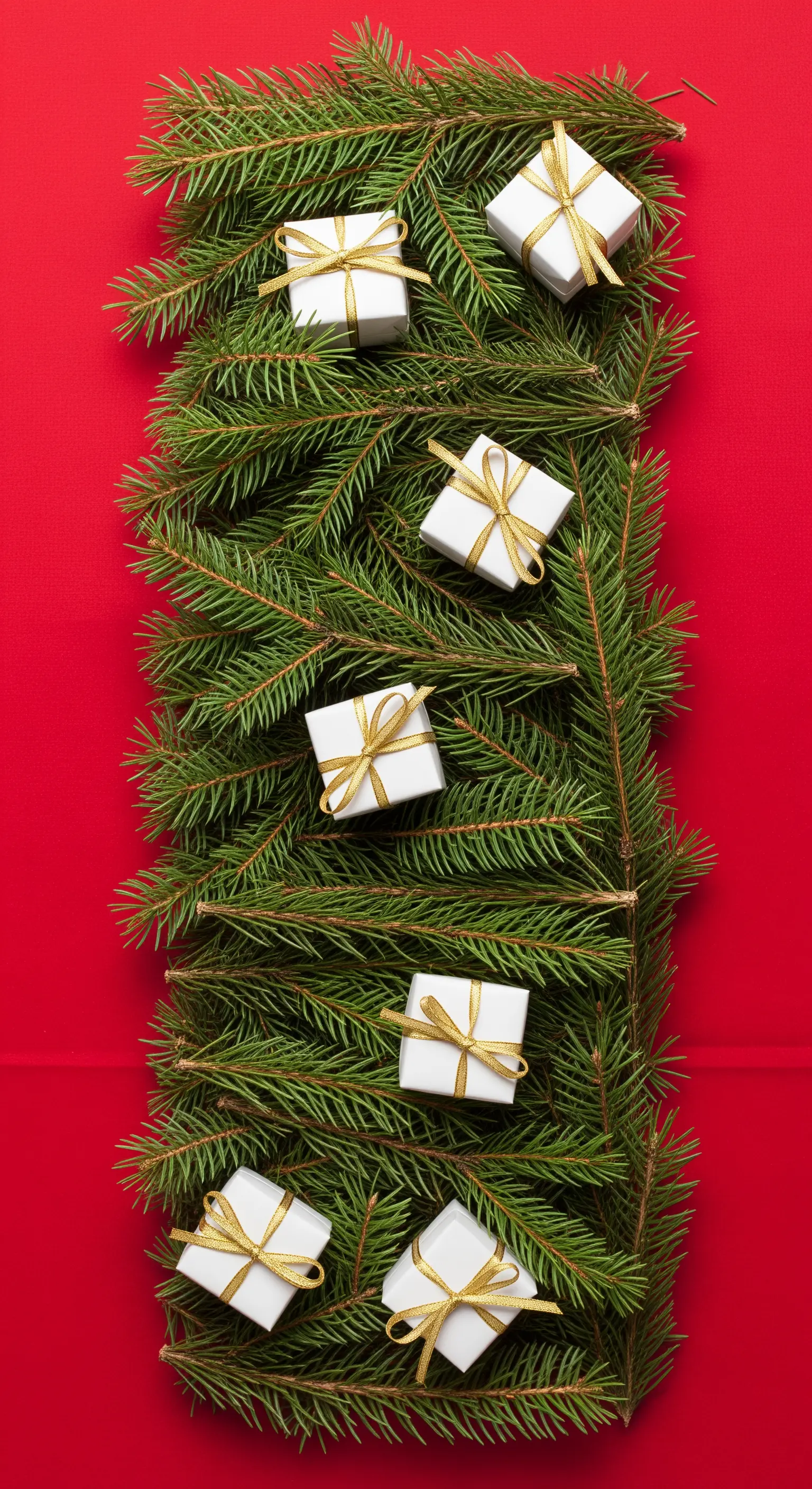 Runner di pino decorato con piccole scatole regalo bianche e dorate.