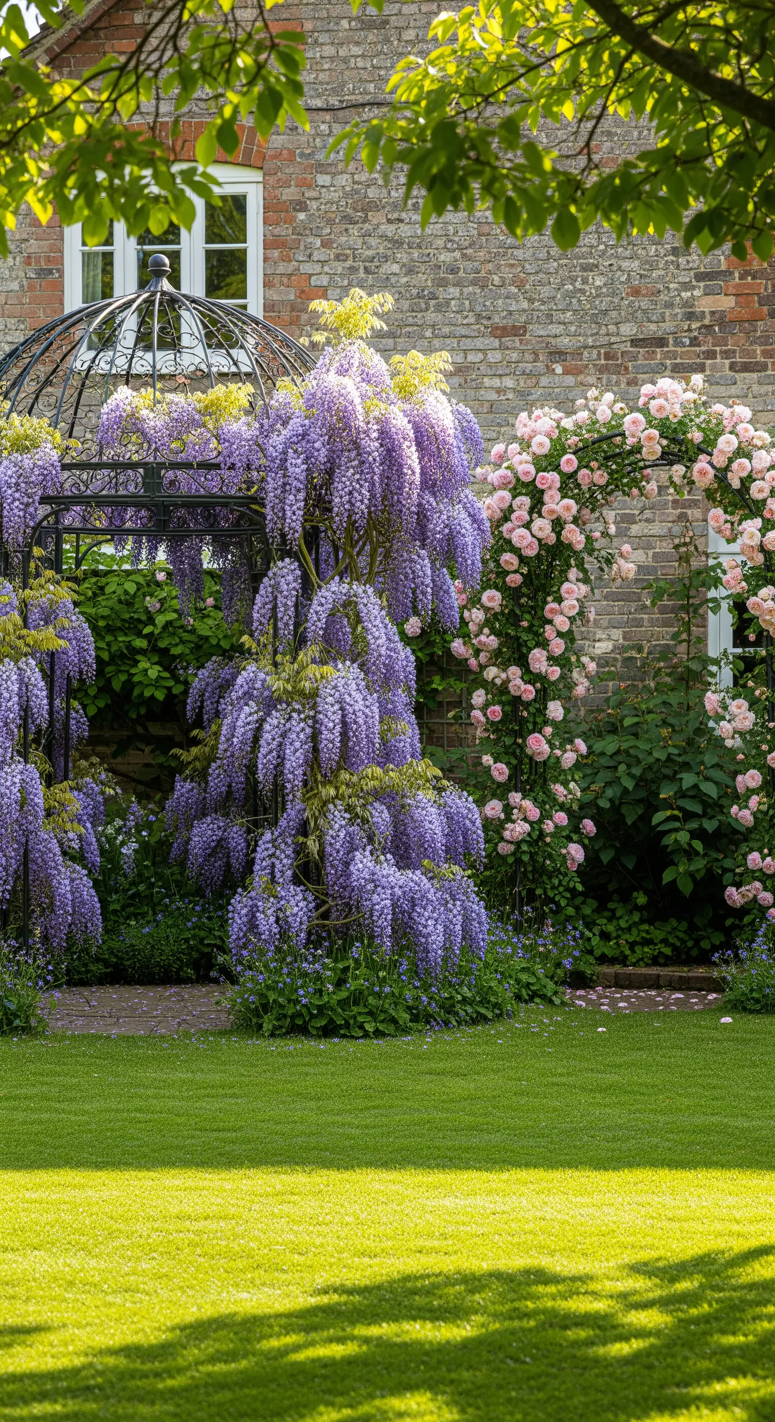 Gazebo nero coperto da una cascata di glicine viola accanto a un arco di rose rosa.