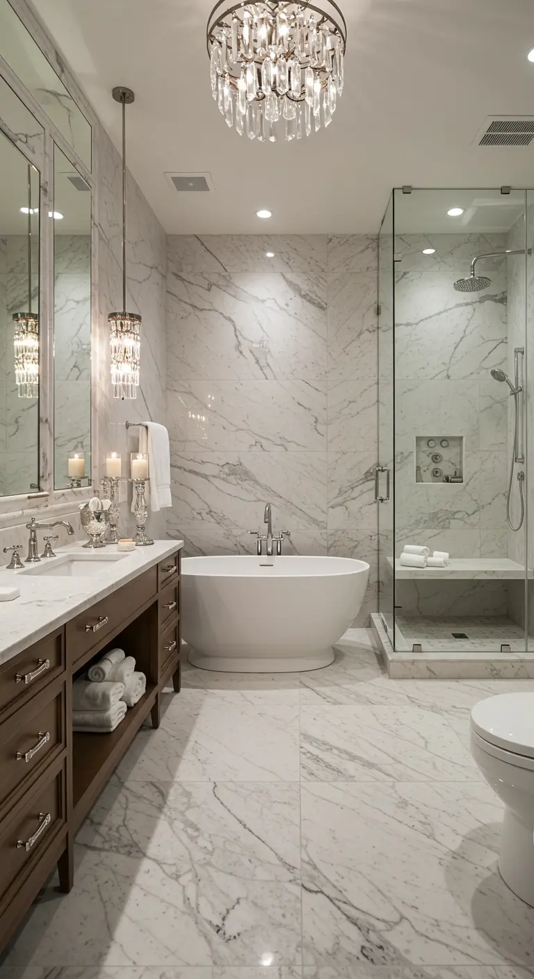 Bagno di lusso in marmo Calacatta con mobile in legno scuro e lampadari di cristallo.