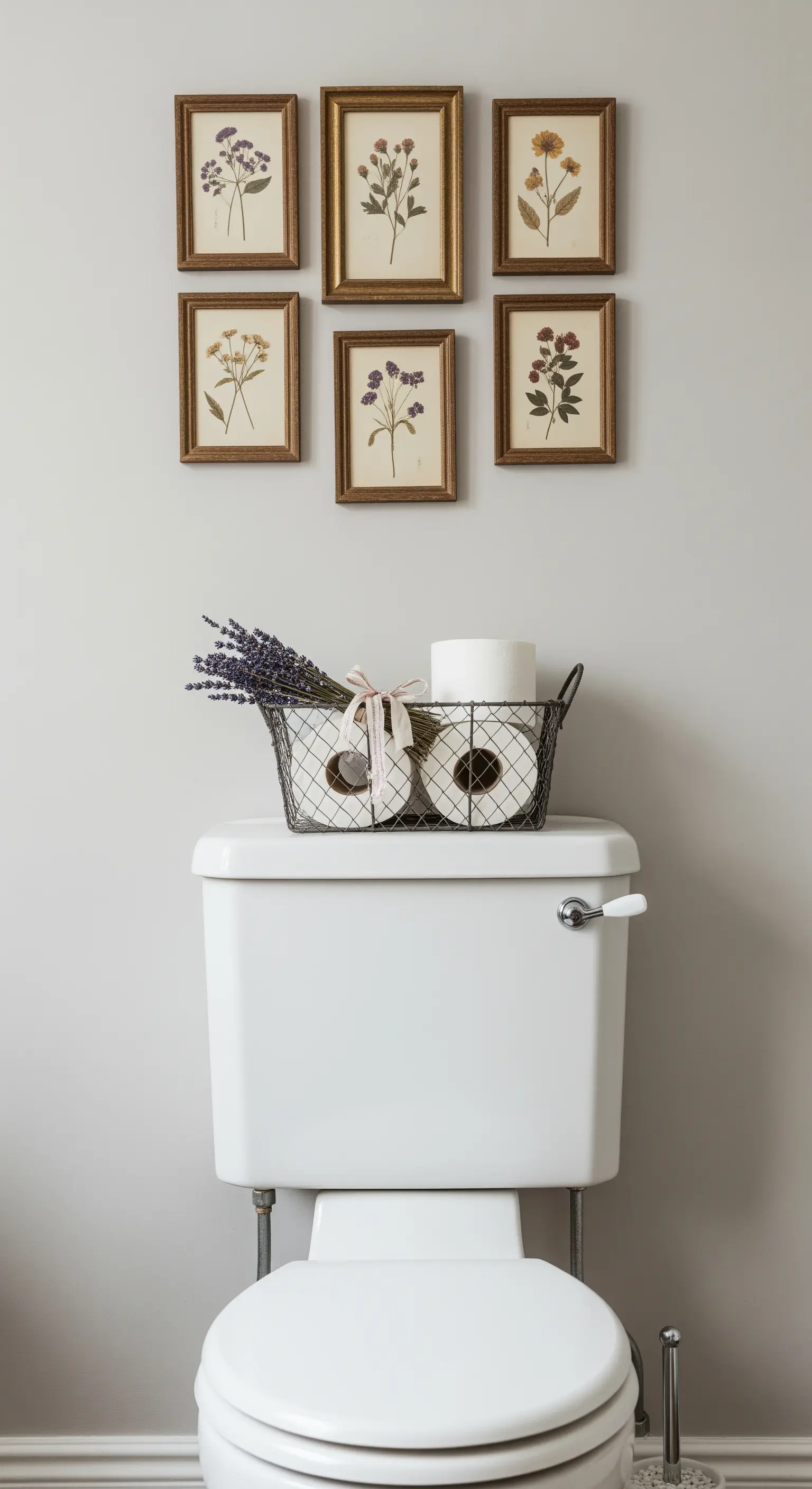 Sei piccole stampe botaniche incorniciate appese in una griglia sopra la cassetta del wc.