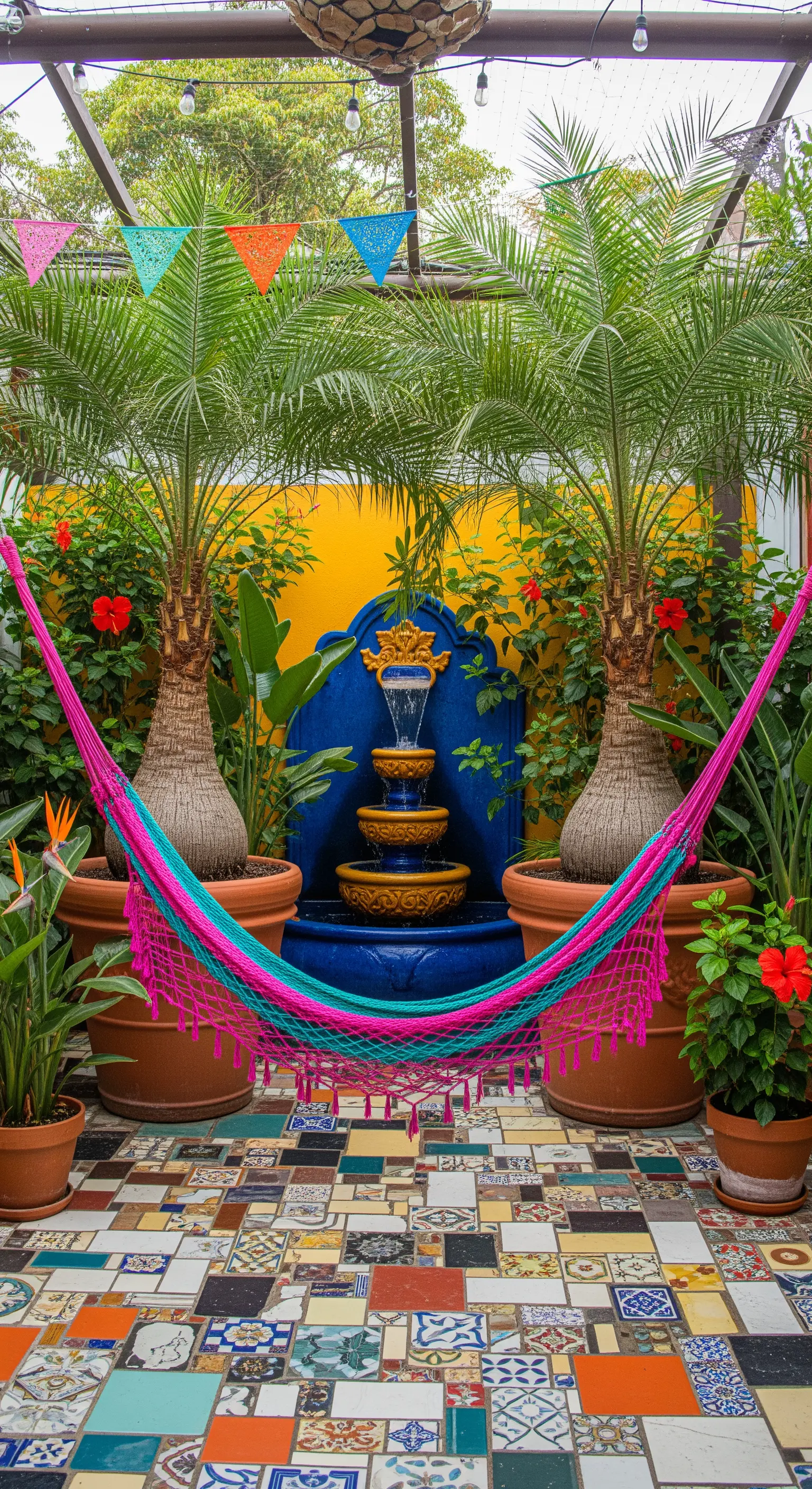 Patio colorato con piastrelle a mosaico, amaca rosa e fontana blu.