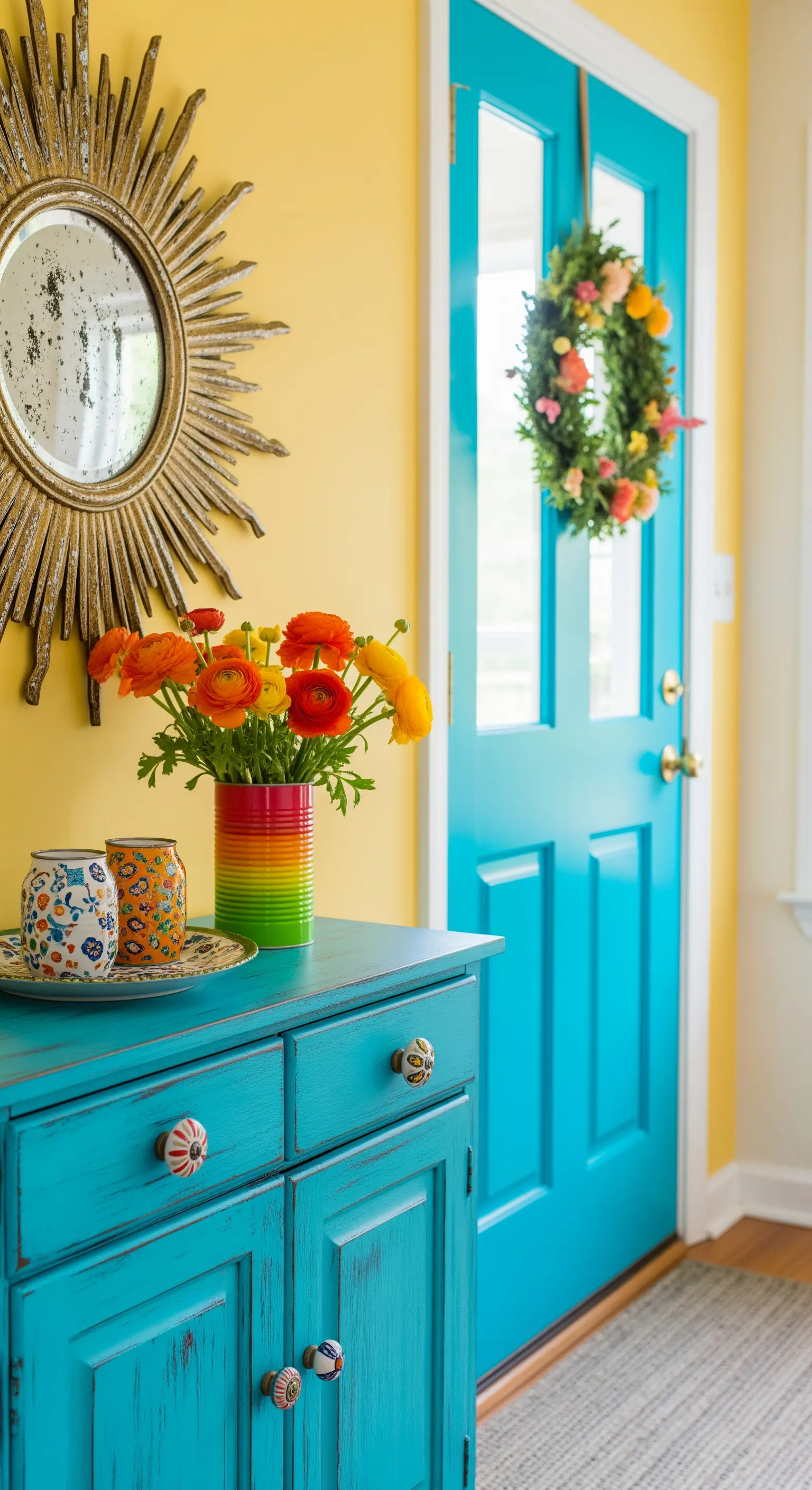 Credenza turchese con pomelli colorati, specchio a raggiera e porta blu acceso.