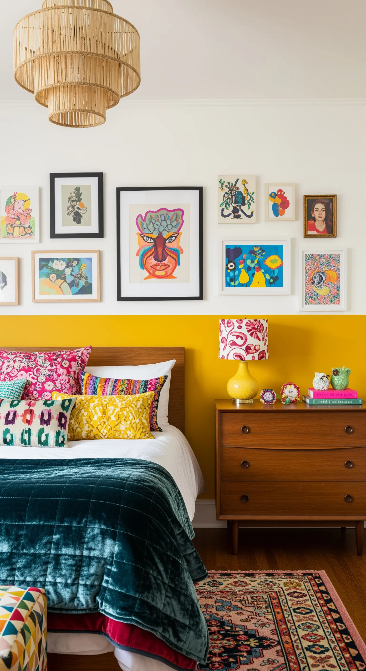 Camera da letto eclettica con una fascia giallo acceso dietro al letto e una gallery wall.