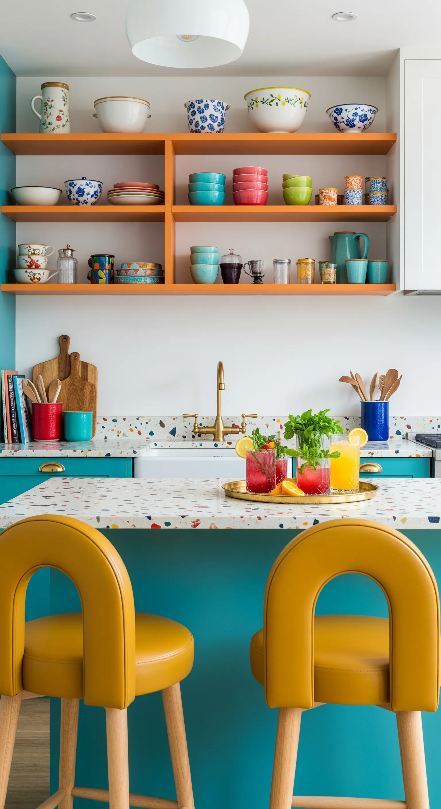 Cucina eclettica e colorata con bancone in terrazzo, mobili turchesi e sgabelli gialli.