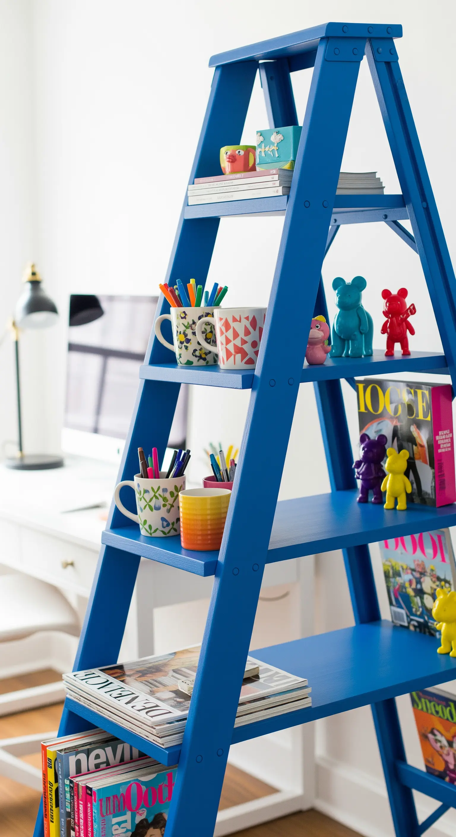 Scala-libreria blu elettrico con mensole piene di riviste e oggetti colorati.