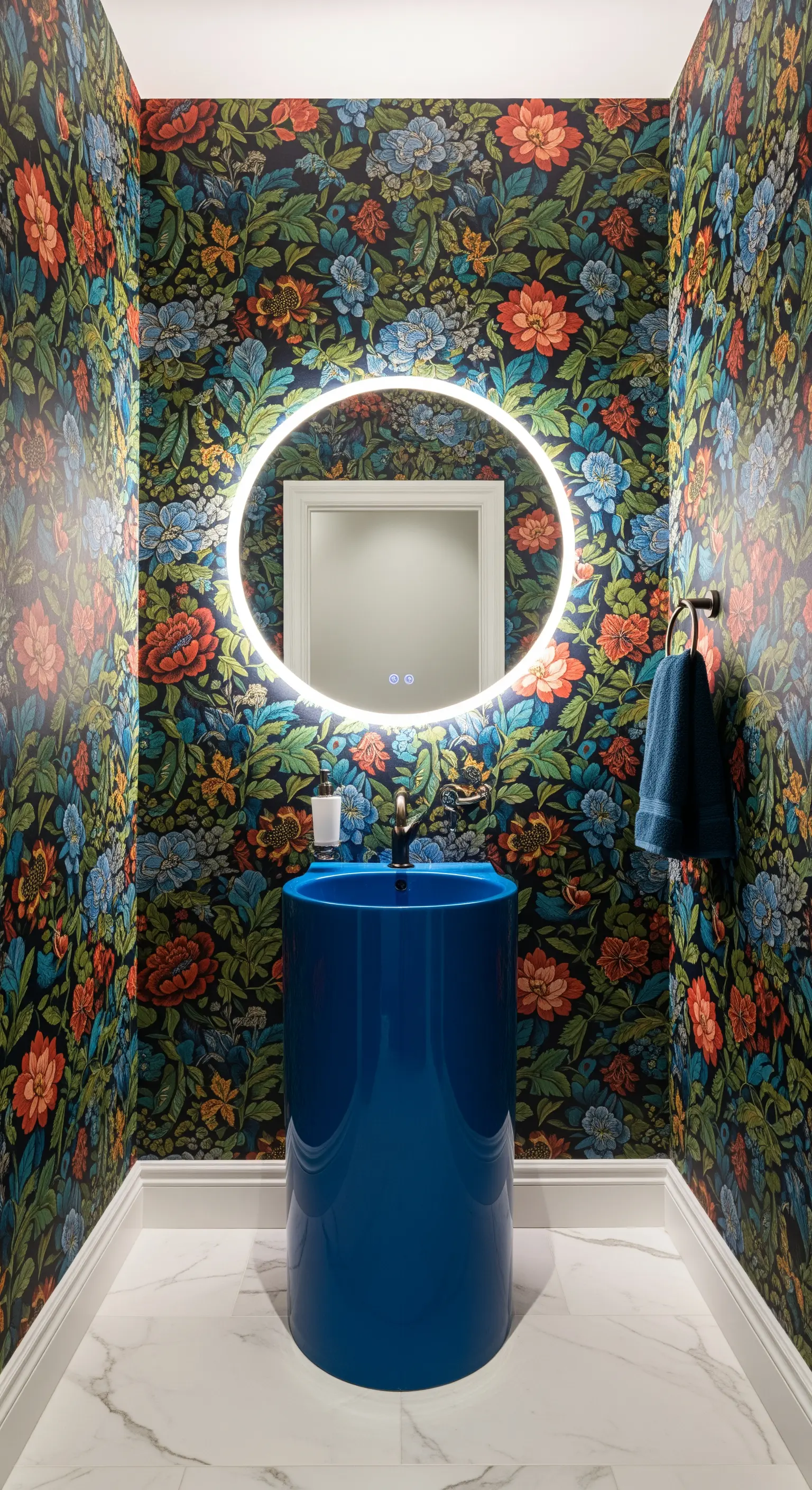 Piccolo bagno con carta da parati floreale scura, lavabo blu e specchio rotondo illuminato.