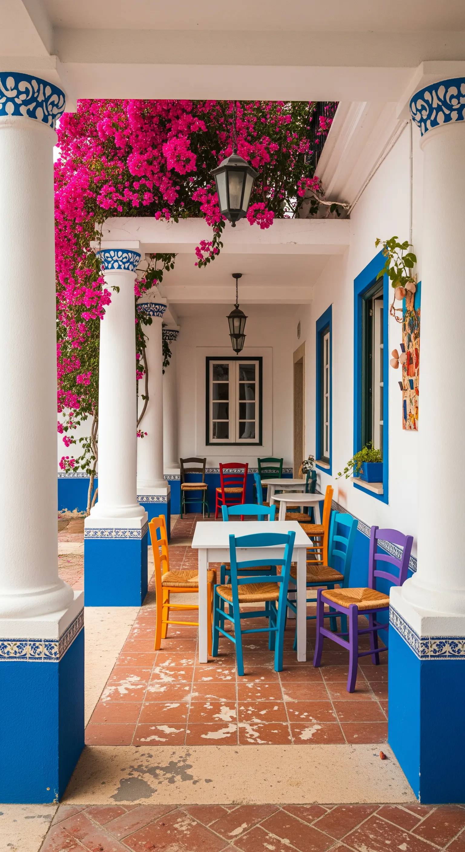 Portico con sedie e dettagli dipinti in vivaci colori blu, arancione e viola