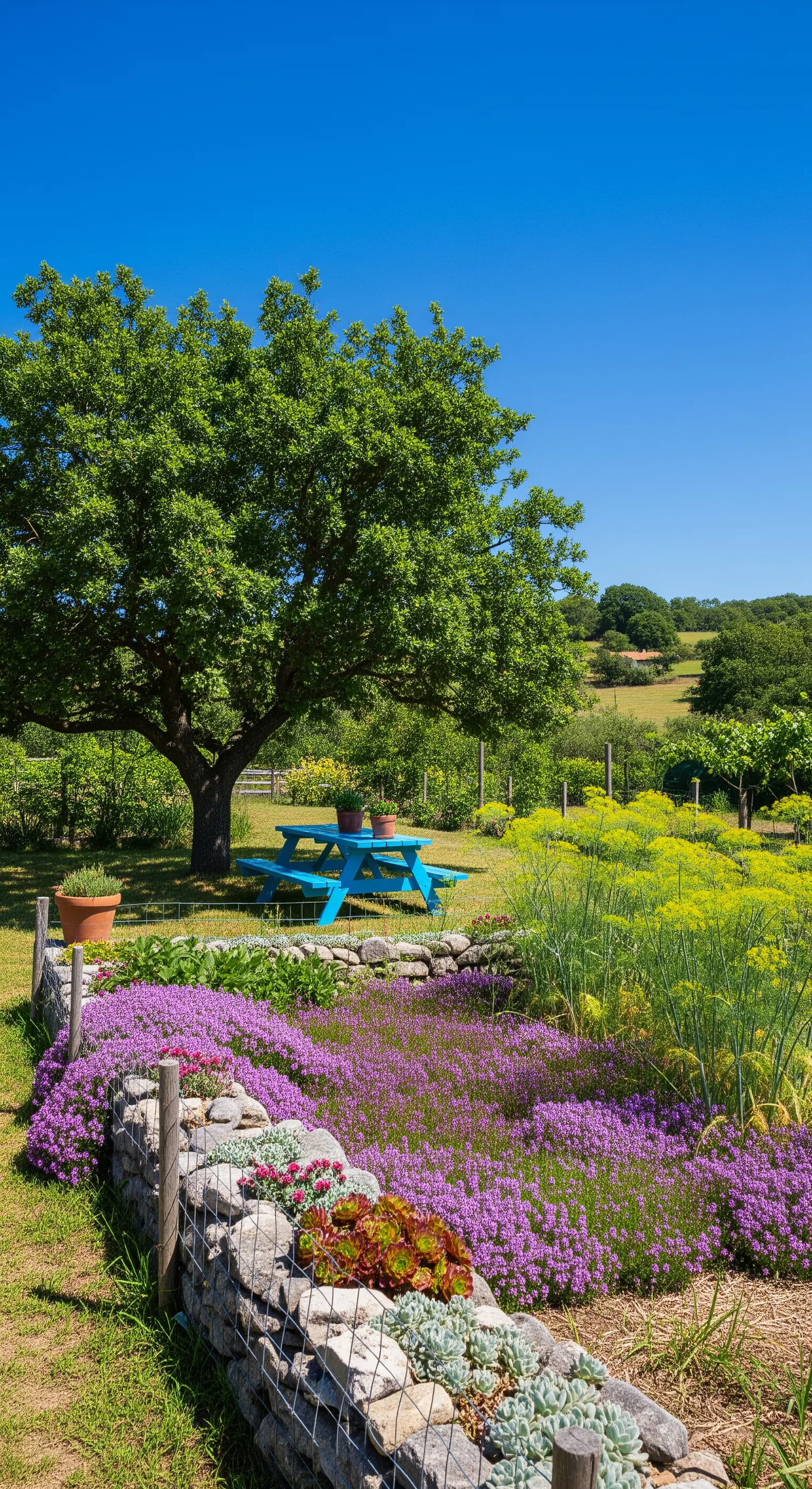 Tavolo da picnic blu acceso in un giardino fiorito con muretti a secco e timo viola.