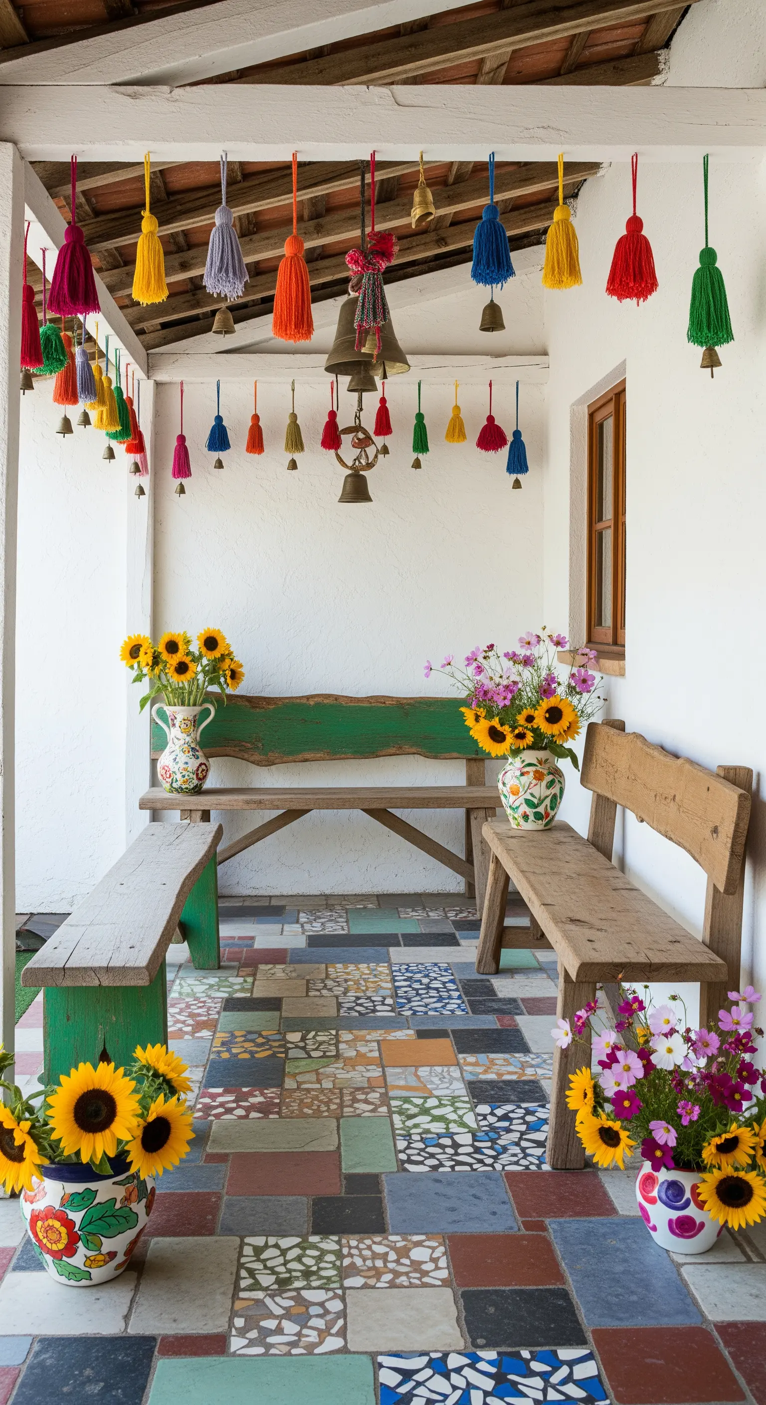Portico colorato con pavimento a mosaico, panche dipinte e nappe appese al soffitto.