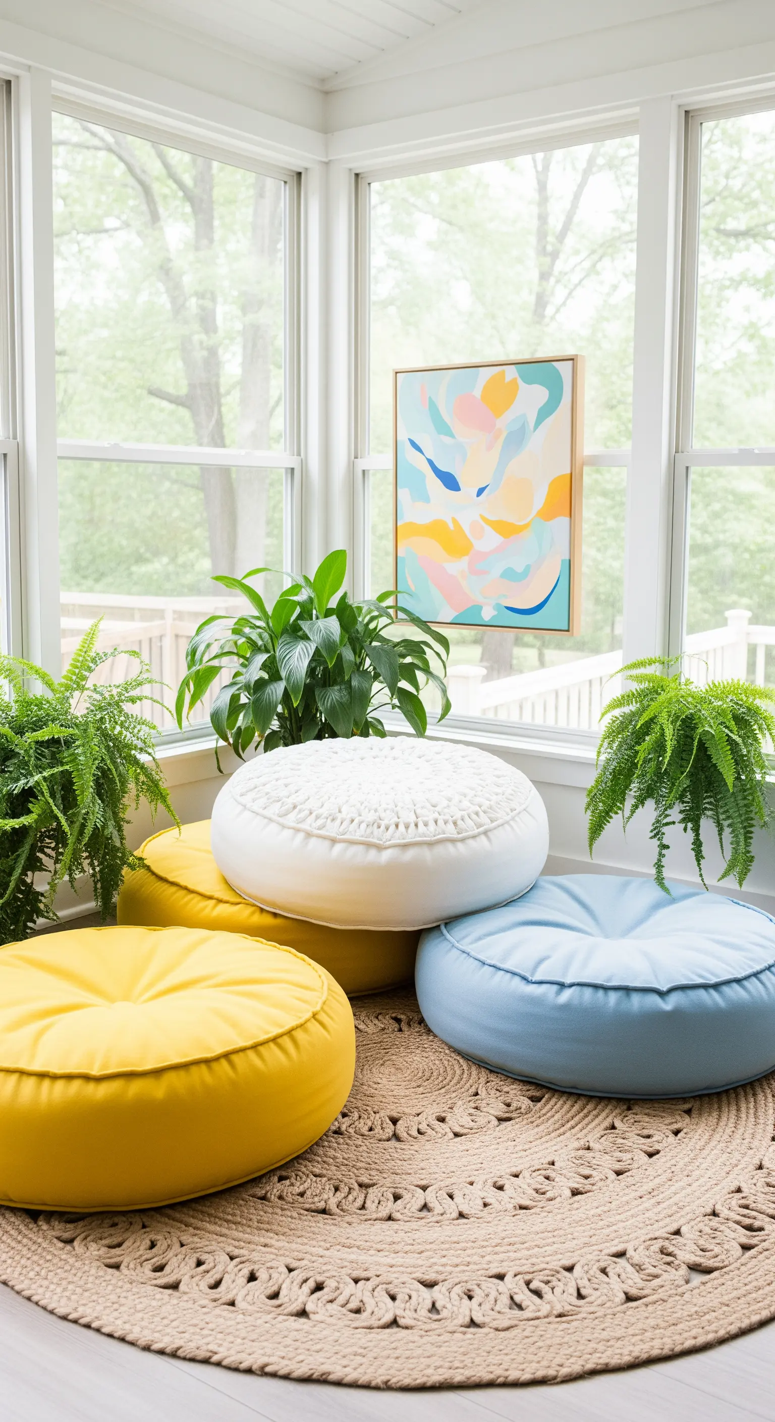 Veranda luminosa con pouf rotondi colorati, un tappeto di juta e tante piante verdi rigogliose.