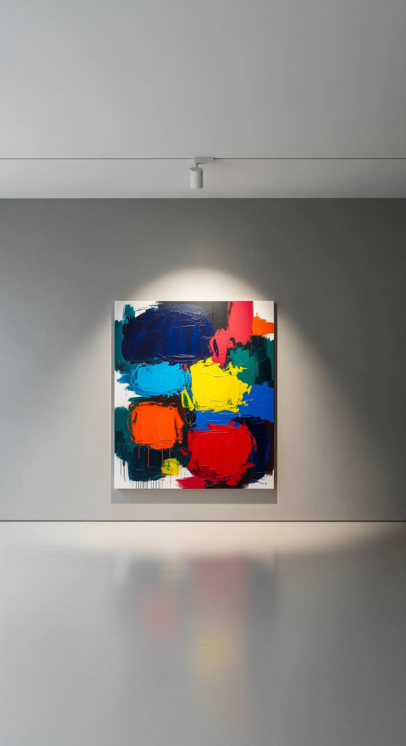 Quadro astratto colorato su parete grigia, illuminato da un faretto a soffitto.