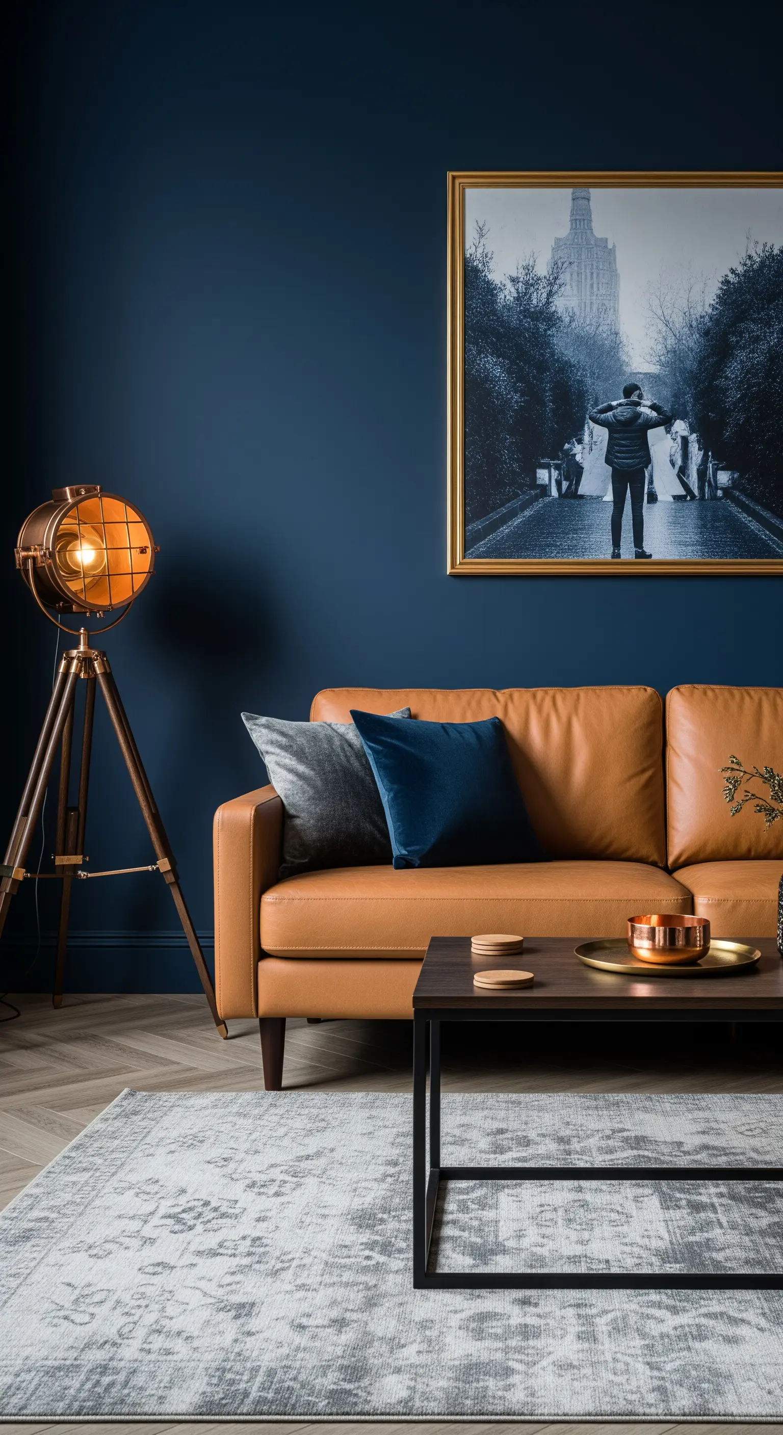 Salotto con parete blu, divano in pelle e lampada da terra a faretto industriale.