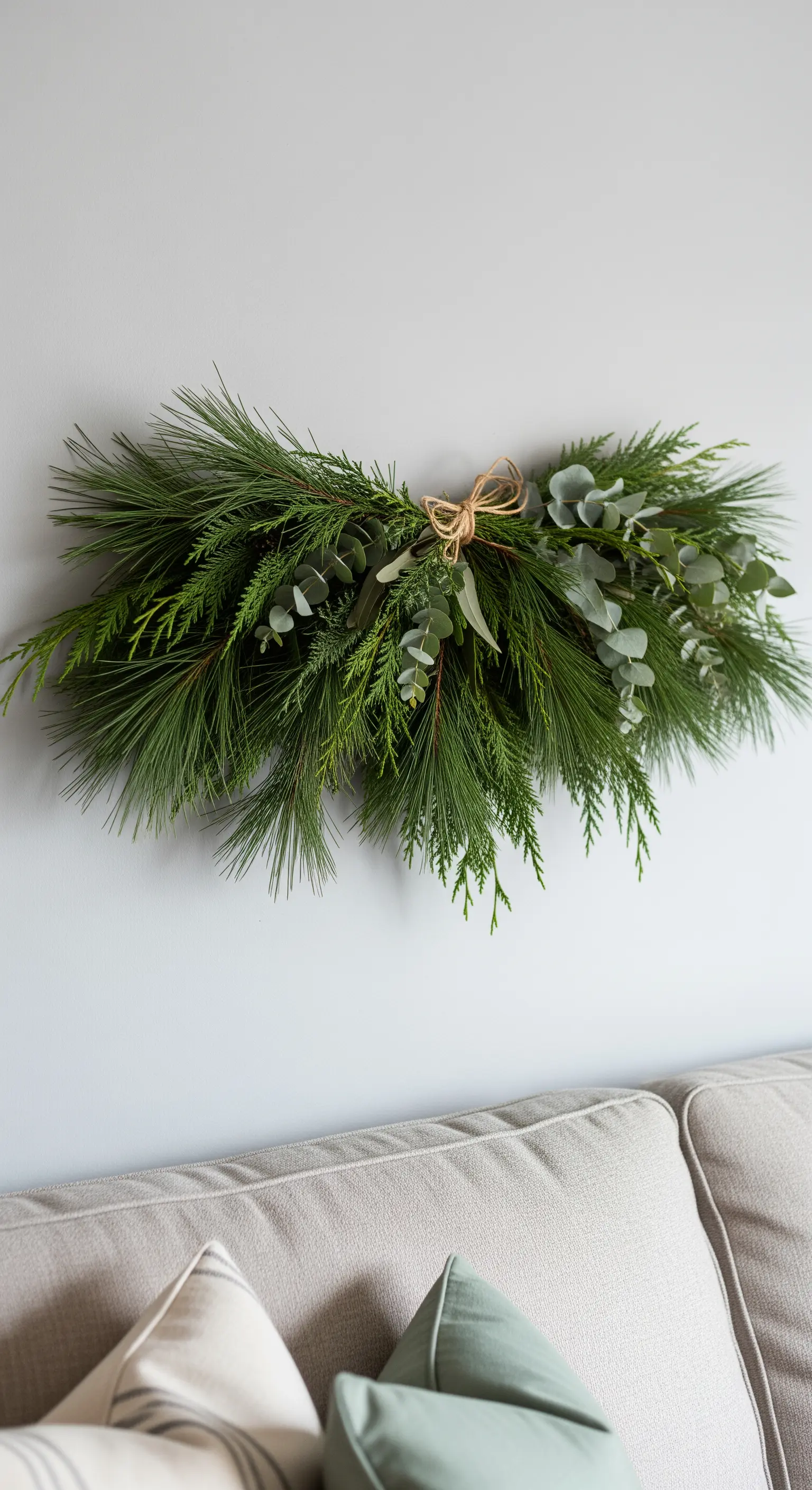 Festone orizzontale di rami di pino ed eucalipto appeso a una parete grigia.