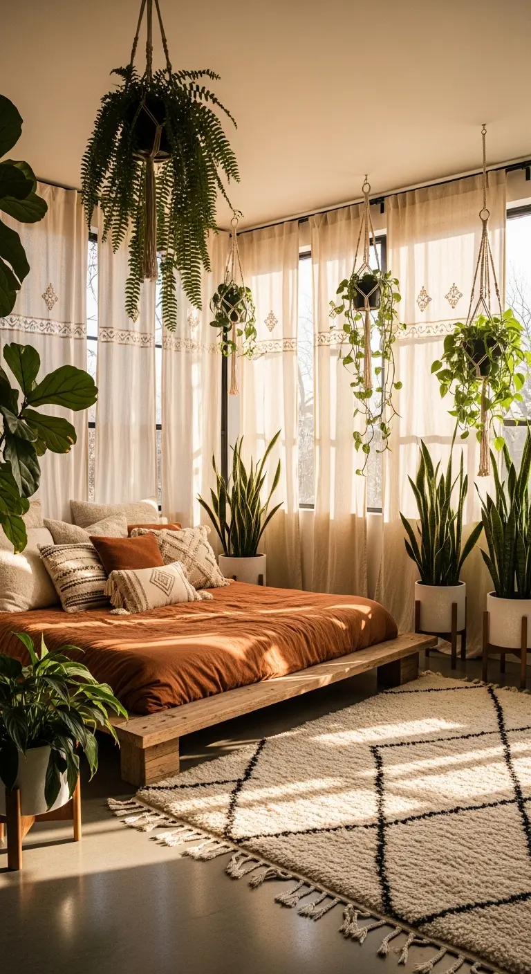 Camera da letto boho con piante pensili e a terra, incorniciate da tende in cotone ricamato.
