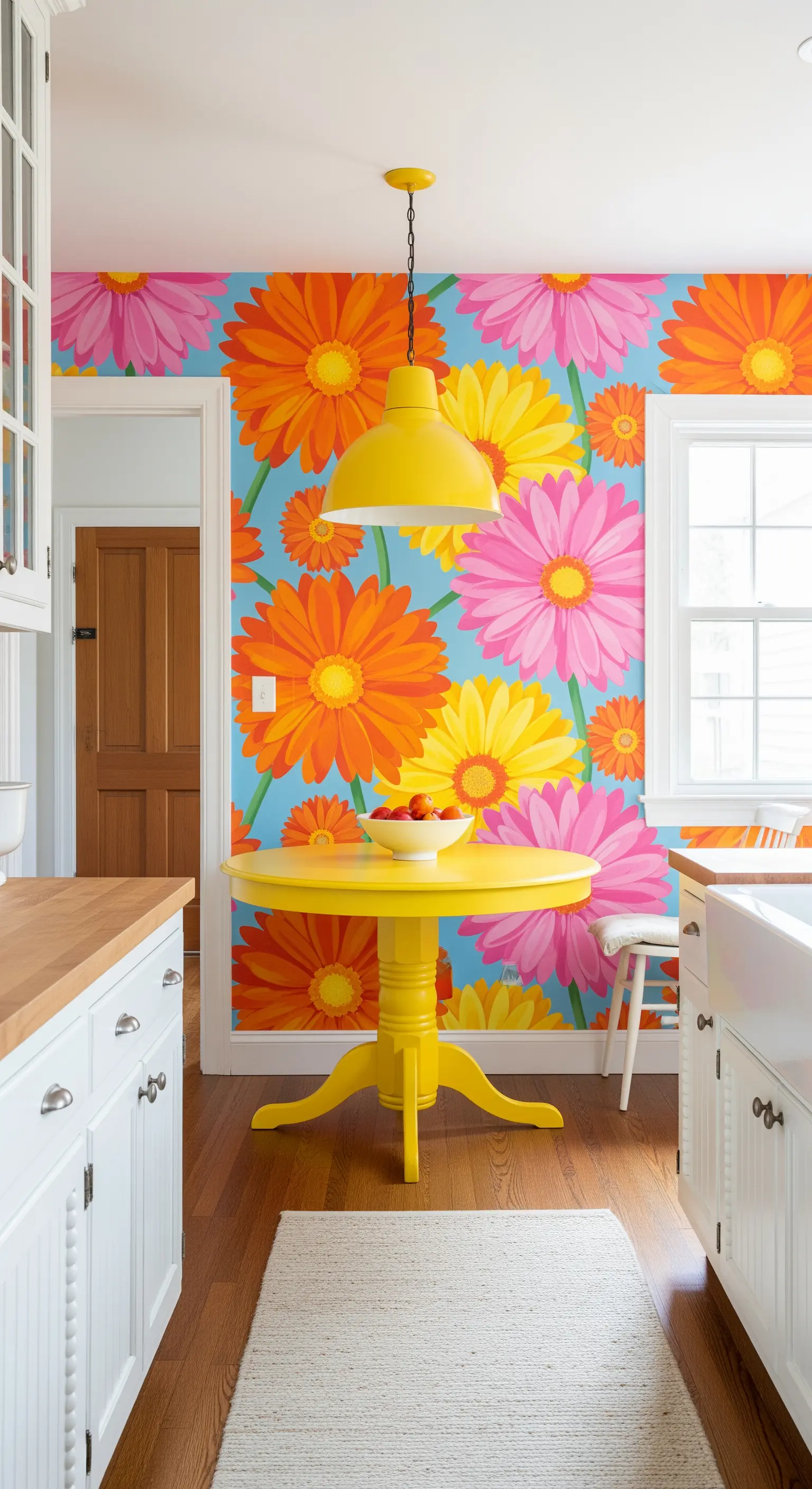 Angolo cucina con carta da parati a margherite colorate e tavolo rotondo giallo.