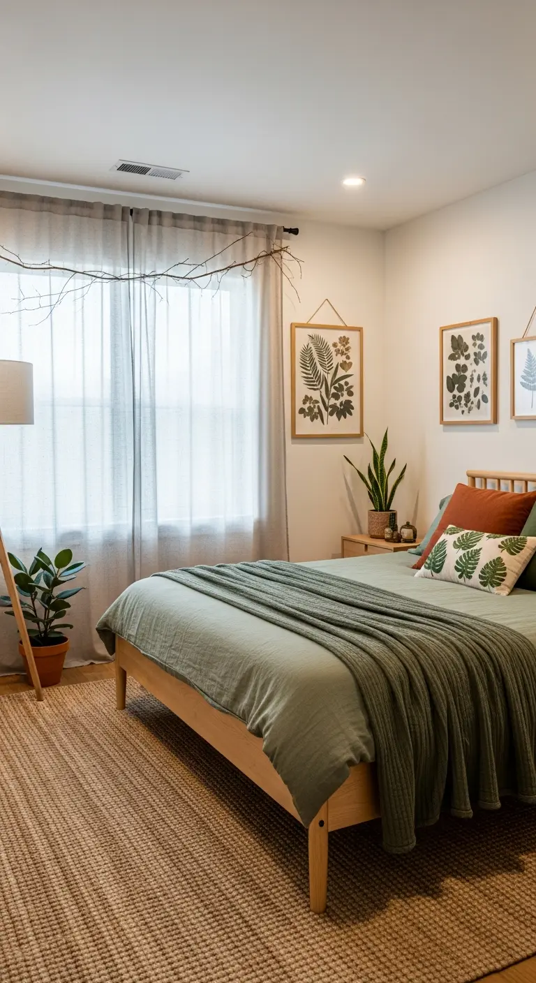 Camera da letto con copriletto verde salvia, stampe botaniche e tende color crema.