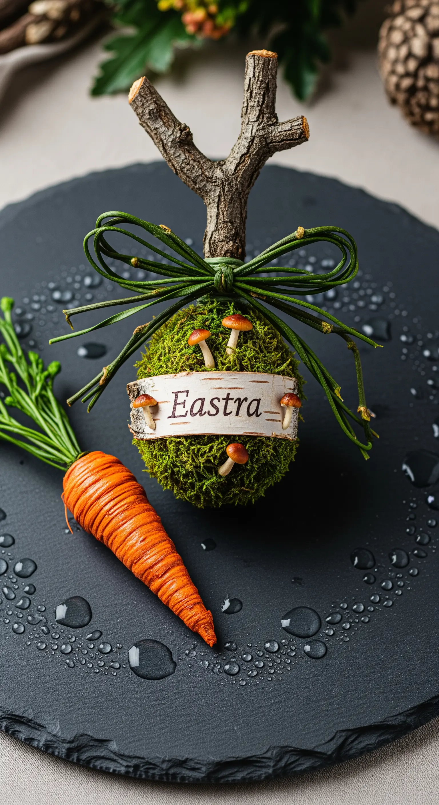 Segnaposto a tema bosco con sfera di muschio, funghi, corteccia e carota.