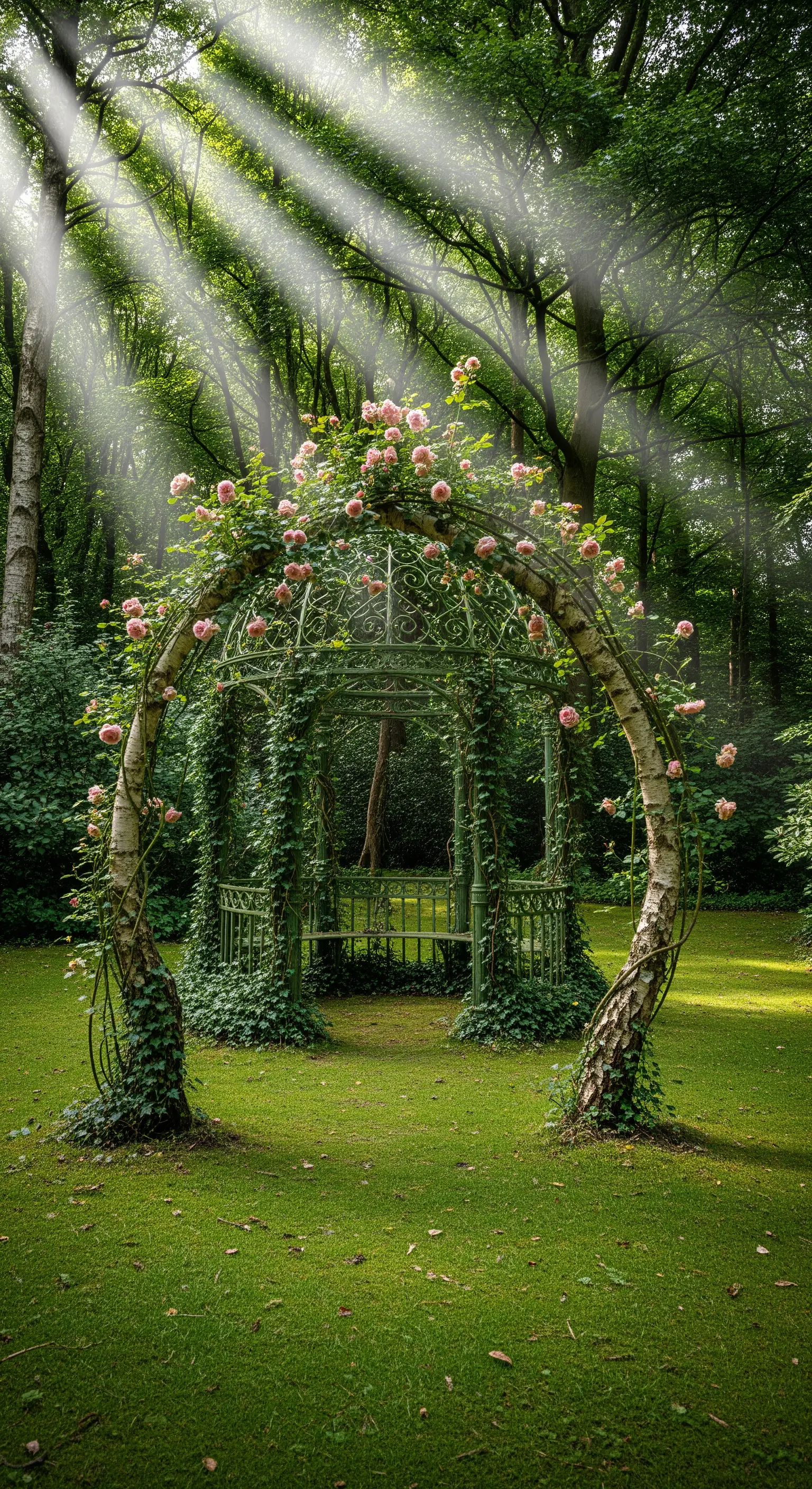 Arco e gazebo dall'aspetto naturale, quasi inghiottiti da un bosco con raggi di luce.