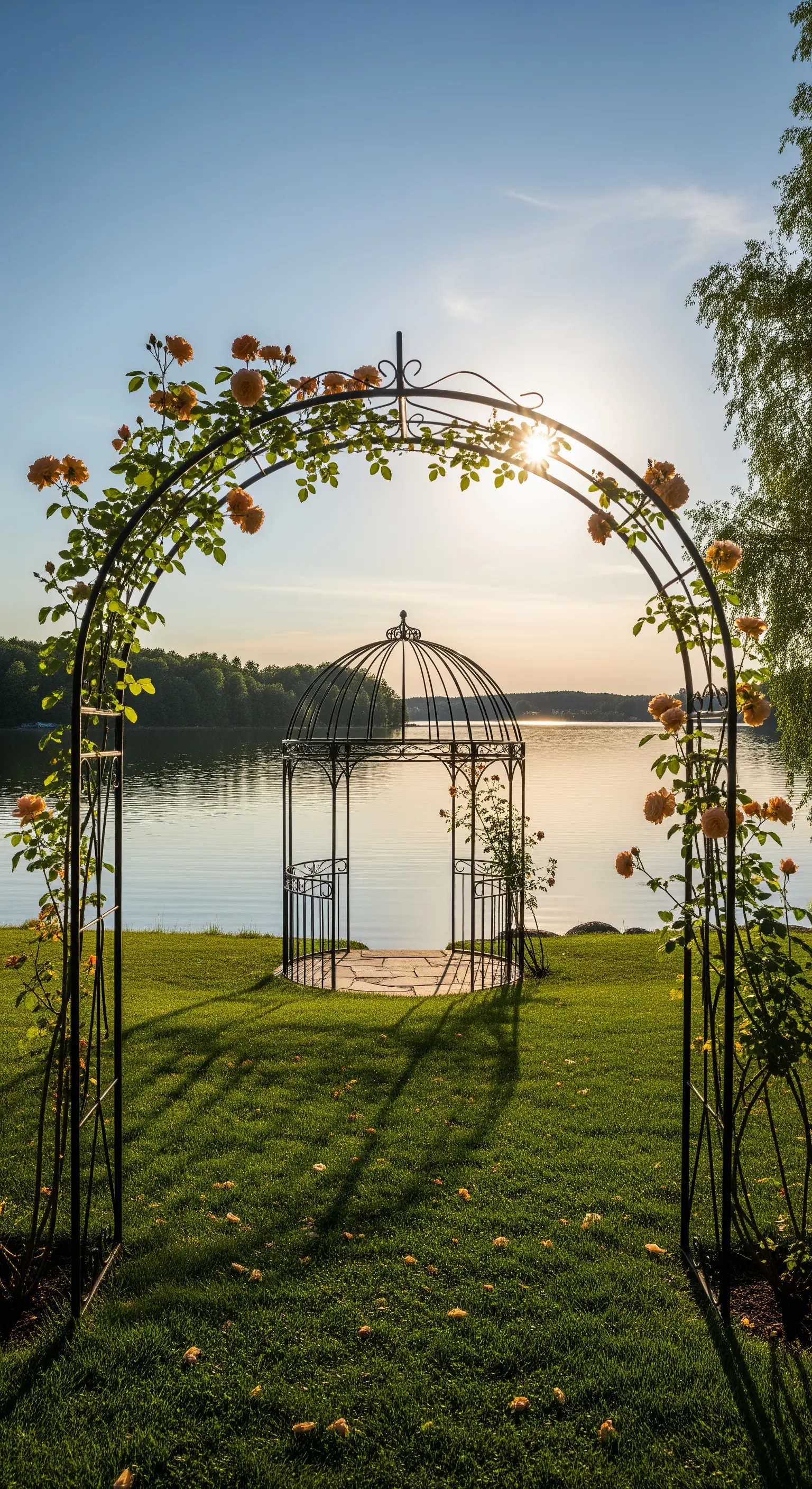 Arco di rose arancioni che incornicia un gazebo in ferro battuto in riva al lago al tramonto.