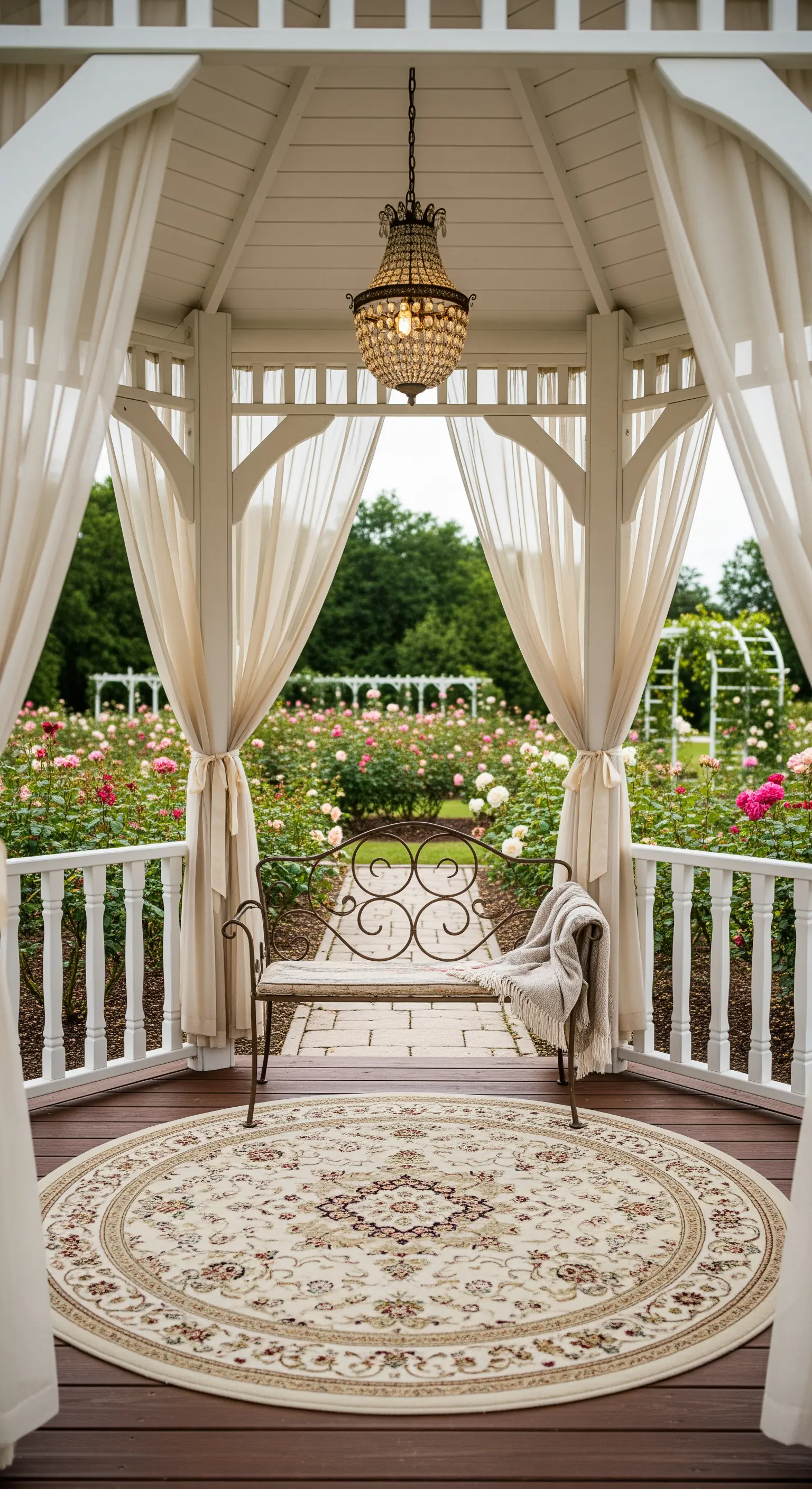 Gazebo bianco in un roseto, con tende in voile, panca in ferro battuto e tappeto rotondo.