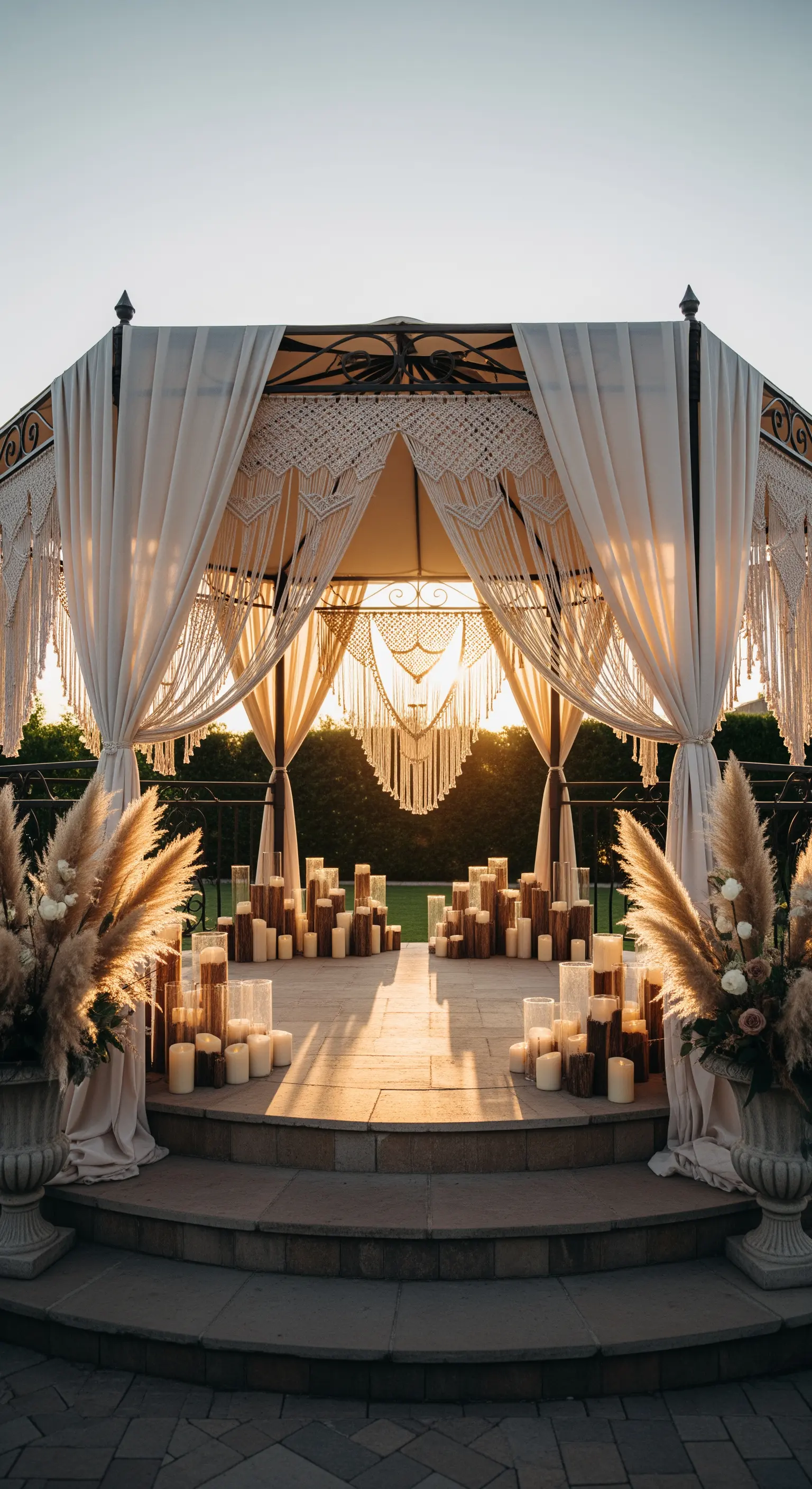 Gazebo decorato con teli leggeri, macramè e un tappeto di candele accese al tramonto.