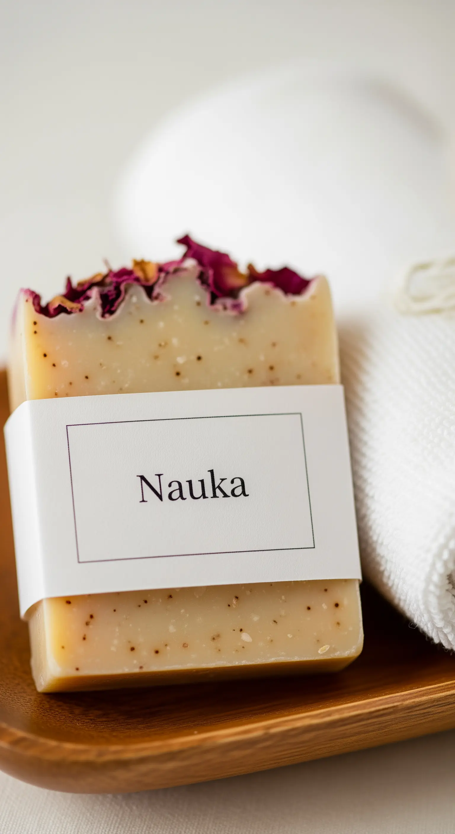 Saponetta artigianale con petali di rosa e un'etichetta personalizzata con il nome.