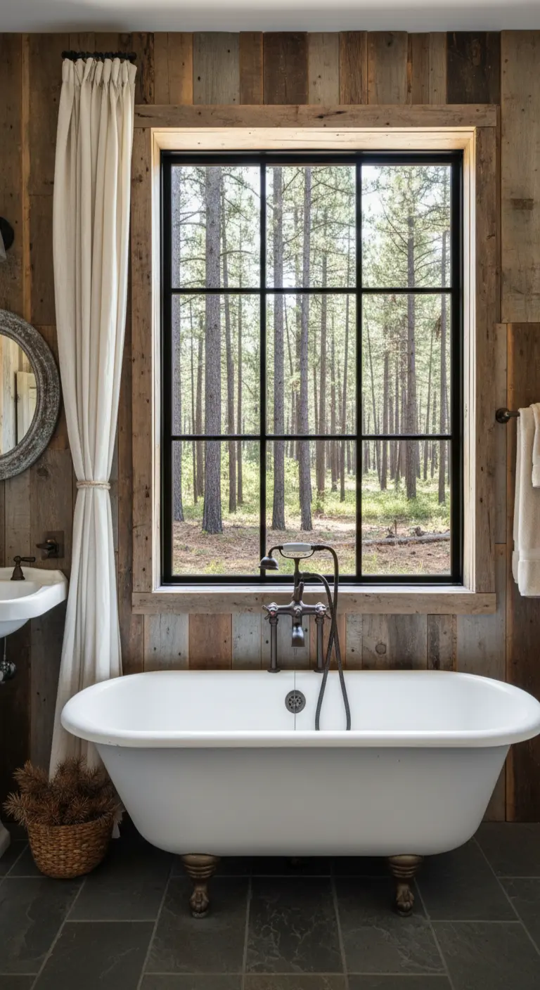 Bagno rustico con pareti in legno, vasca freestanding e una tenda di lino legata su un lato della finestra.