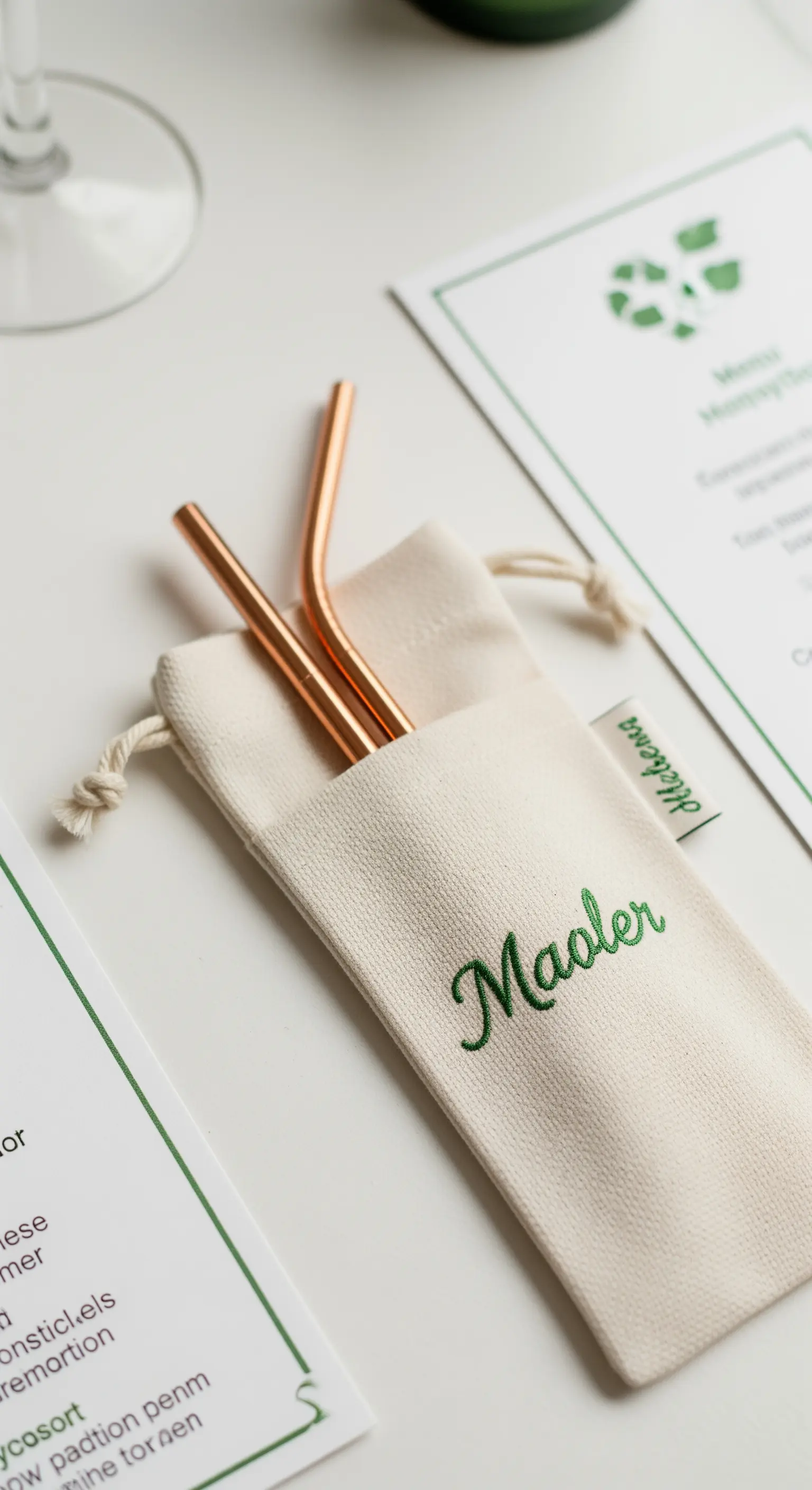 Cannucce riutilizzabili in metallo dentro un sacchetto di stoffa personalizzato.