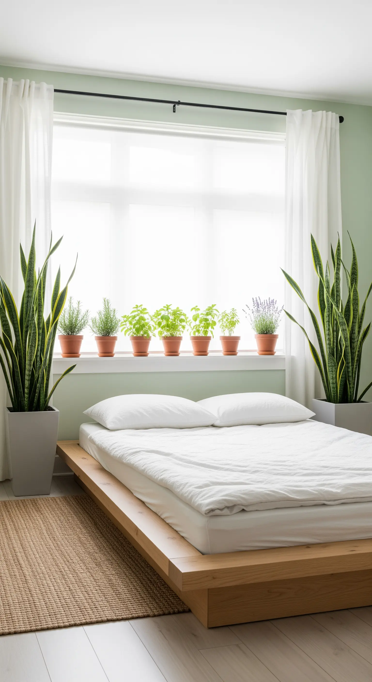 Letto basso davanti a una finestra con un davanzale pieno di erbe aromatiche in vaso.