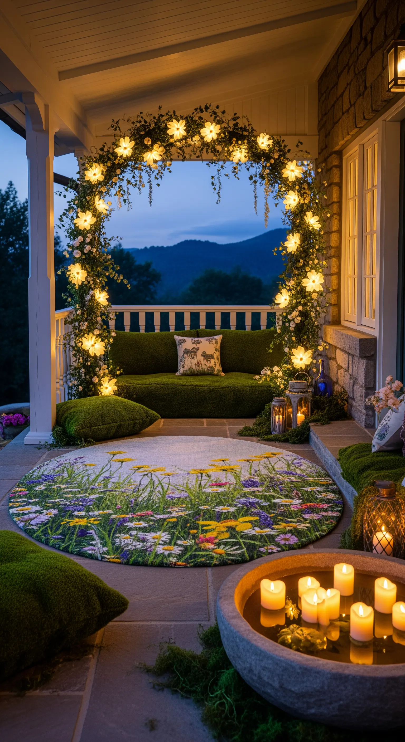 Portico con un arco luminoso a forma di fiore, cuscini di muschio e un tappeto a tema prato