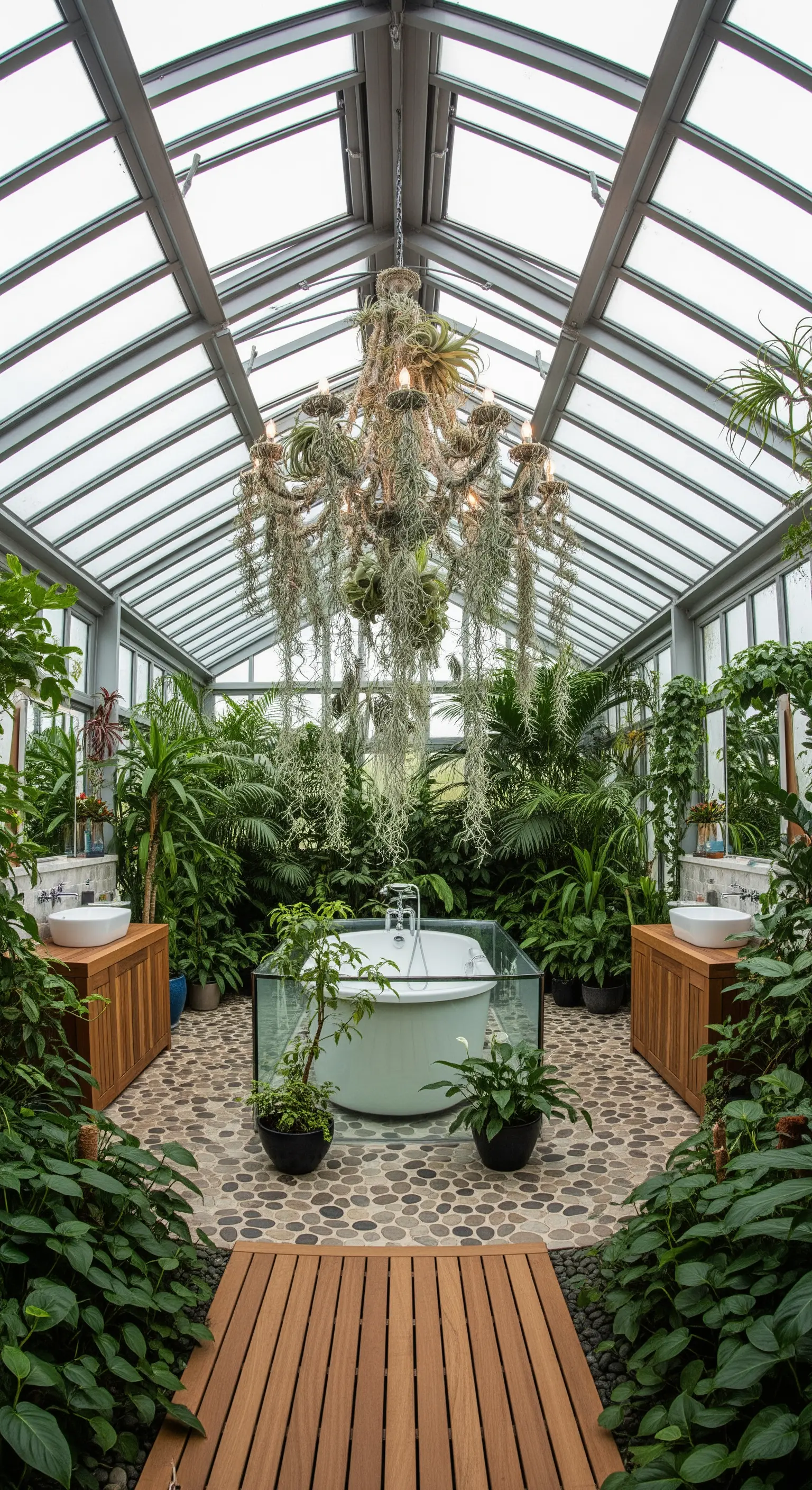 Bagno all'interno di una serra, con un lampadario decorato con piante dell'aria sospeso sulla vasca.