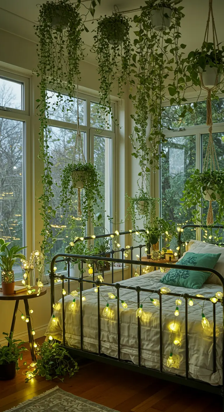 Camera da letto piena di piante rampicanti e vasi sospesi, con luci tonde intrecciate.