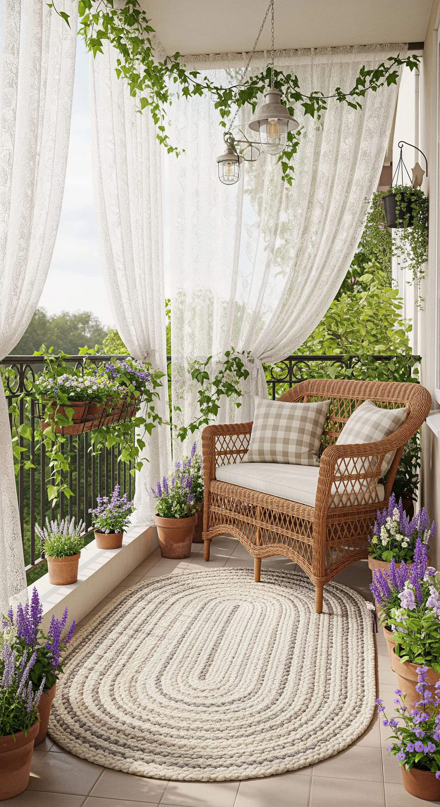 Balcone in stile cottage con panca in vimini, tappeto in iuta e tende in pizzo.