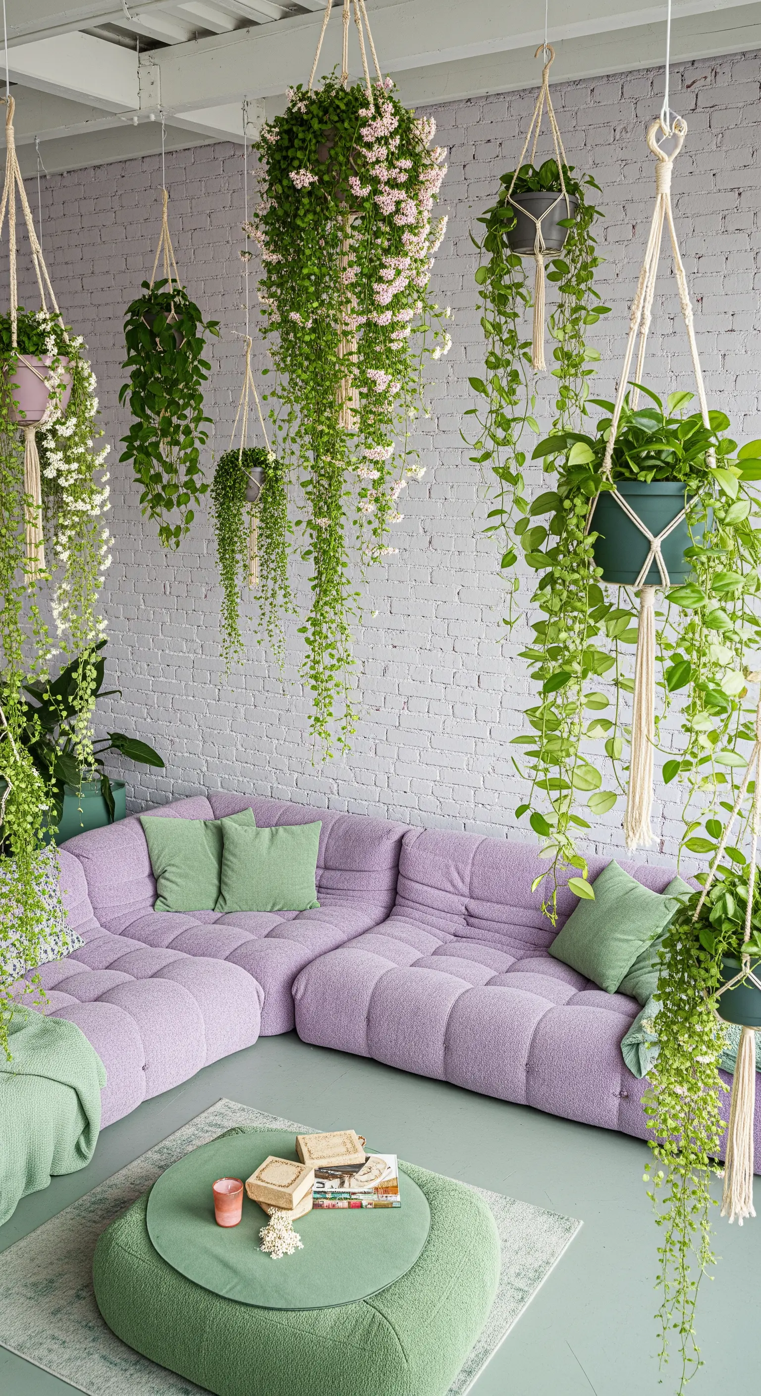 Divano componibile lilla circondato da numerose piante verdi appese al soffitto in vasi di macramè.