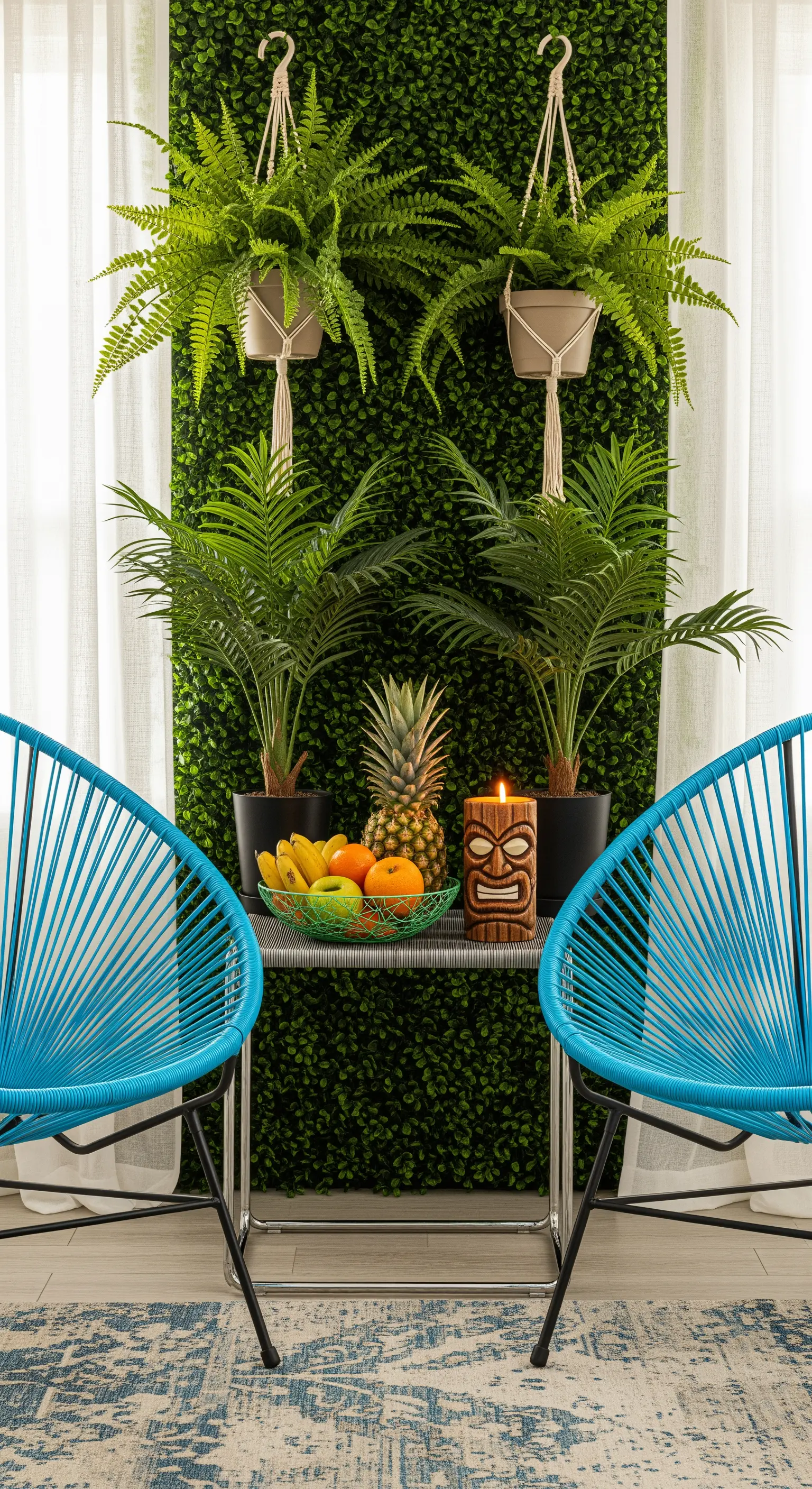 Parete verde verticale con piante, sedie Acapulco blu e candela tiki.