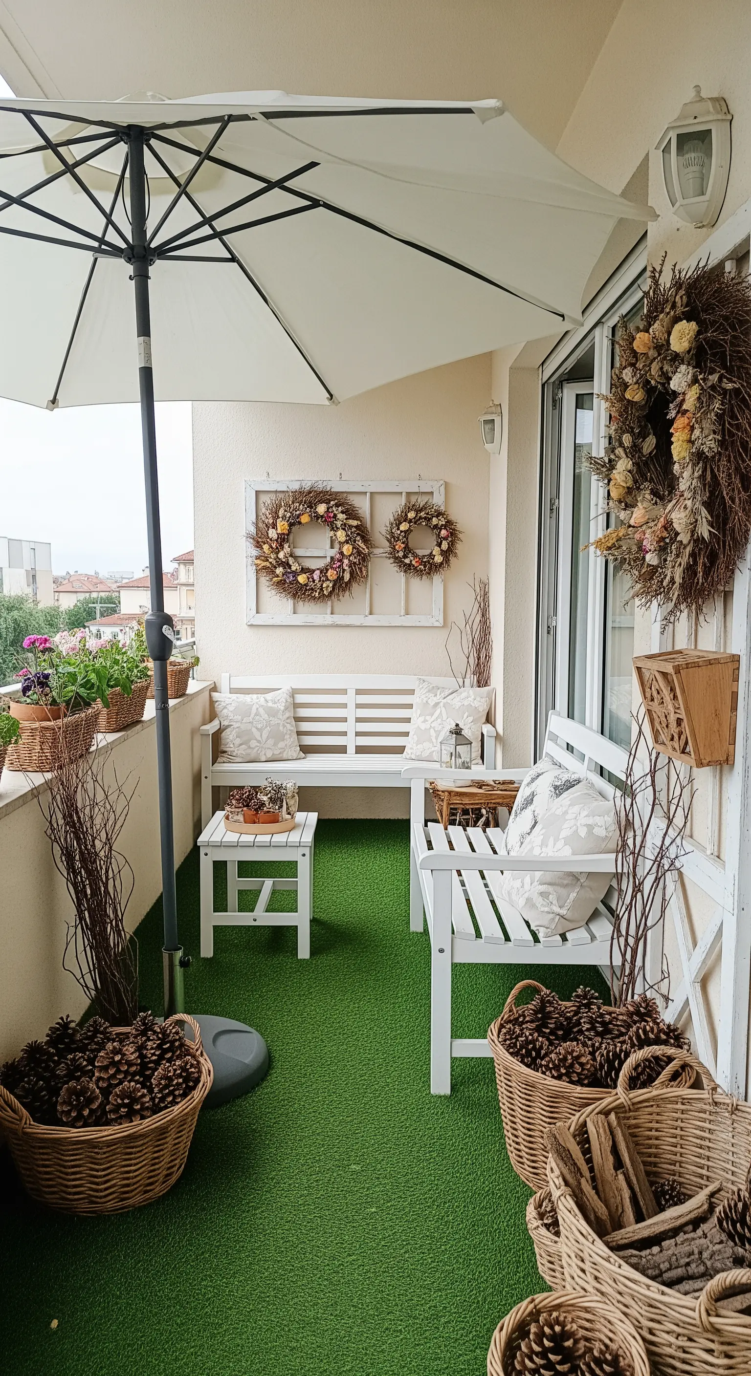 Balcone con panche bianche, ghirlande di fiori secchi appese e cesti pieni di pigne.