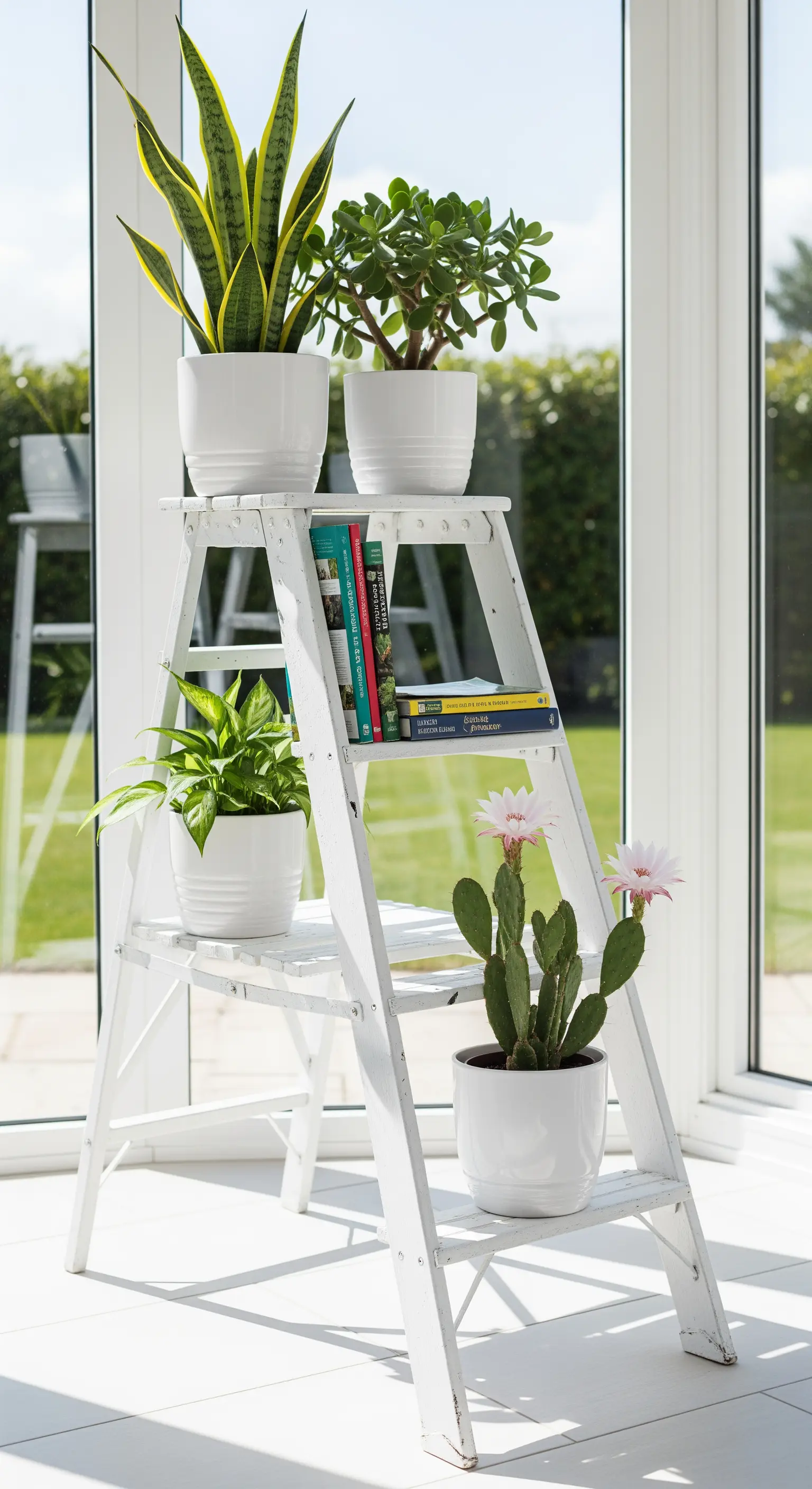 Scaletta bianca in legno usata come supporto per vasi di piante grasse.