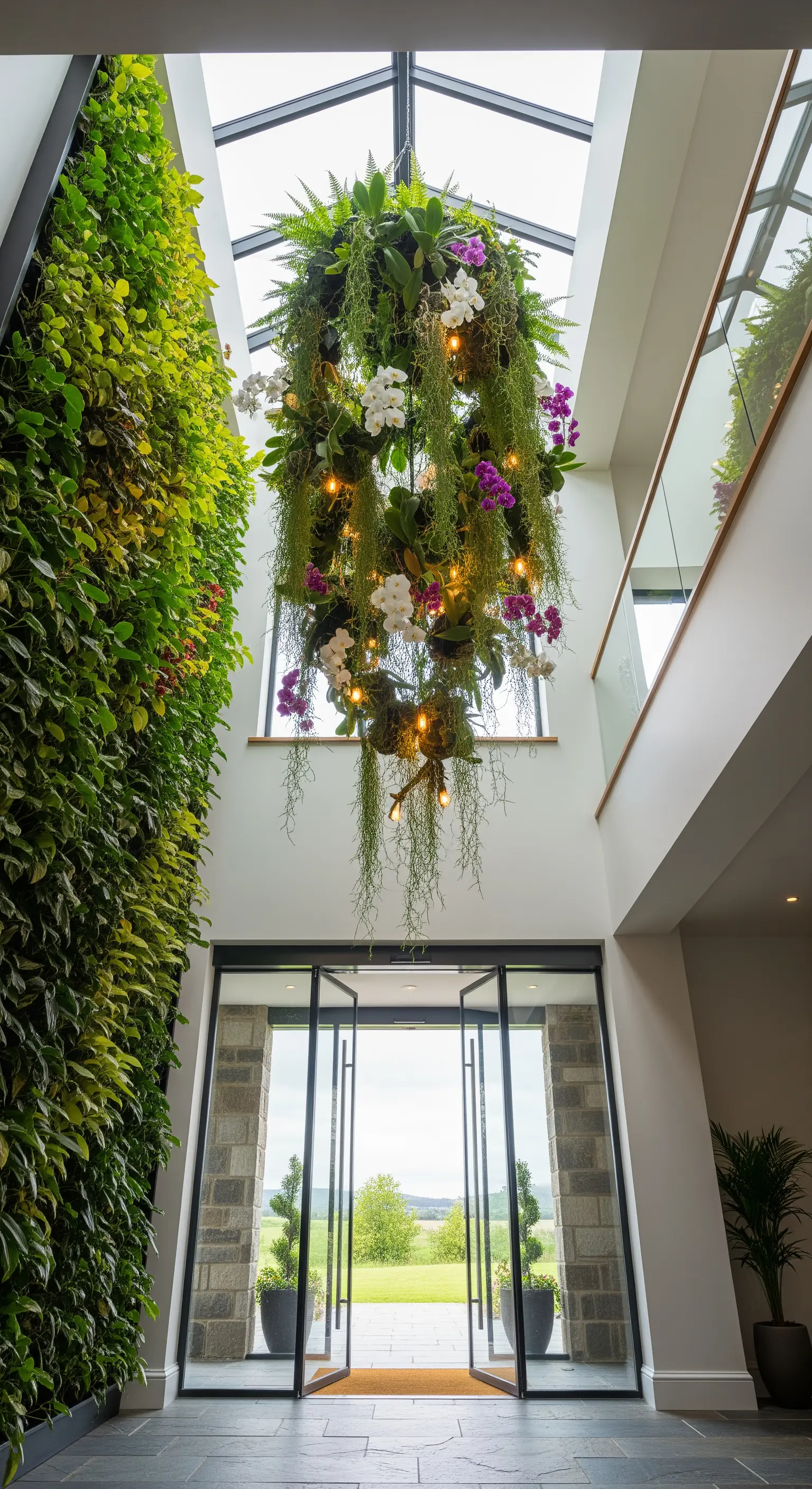 Ingresso con una parete verde verticale e un lampadario circolare decorato con piante e orchidee pendenti.