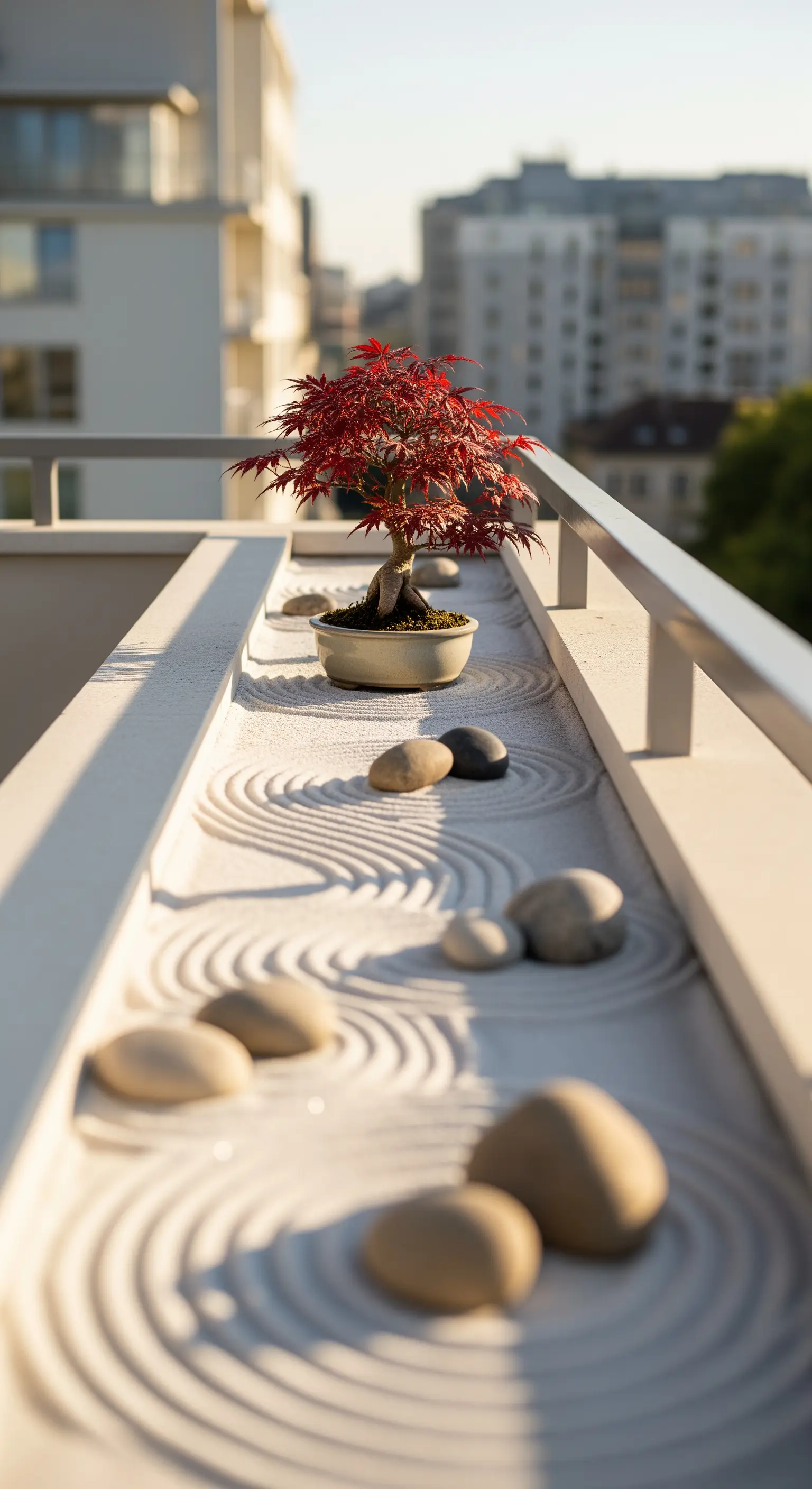 Giardino zen in miniatura con sabbia rastrellata, pietre e un bonsai di acero rosso.