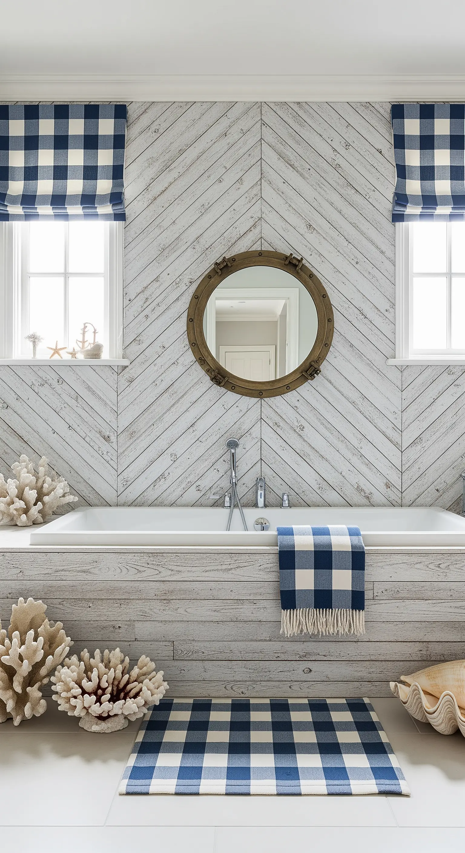 Vasca da bagno con parete in legno sbiancato, specchio a oblò e tende a quadretti.