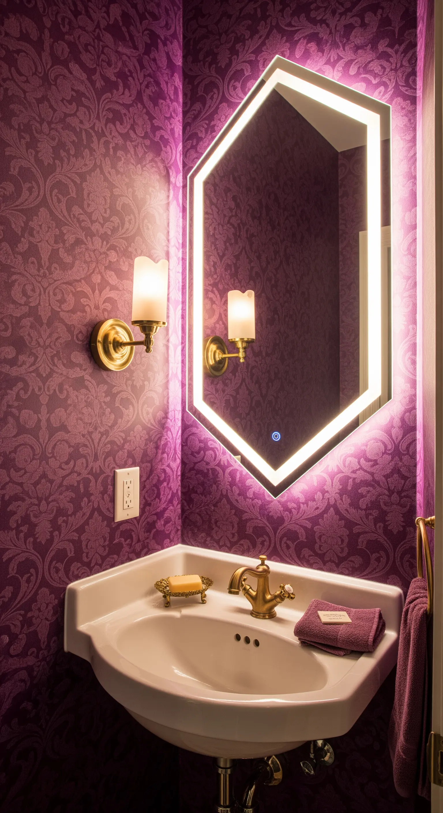 Specchio esagonale retroilluminato su una parete con carta da parati damascata viola.