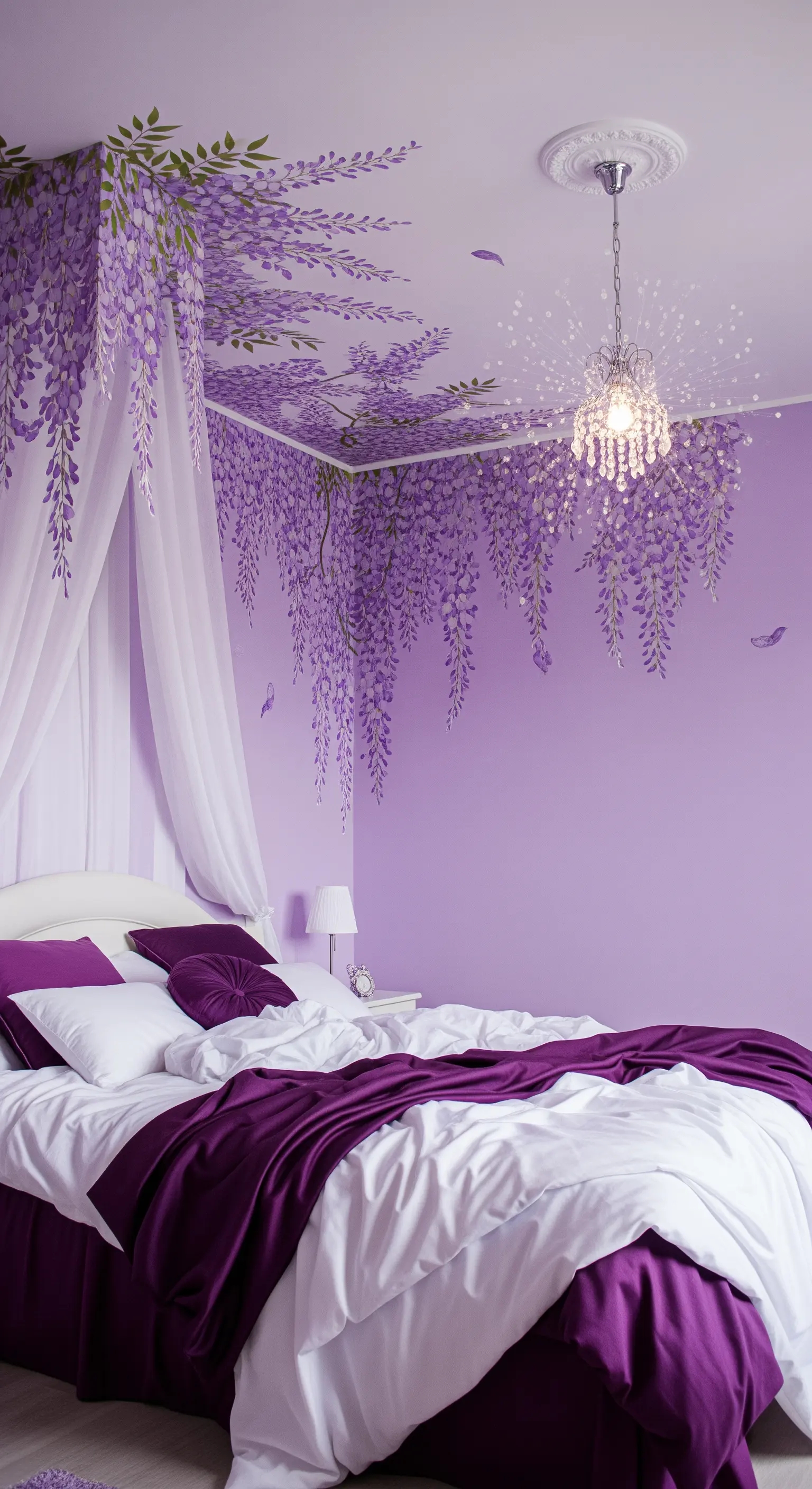 Camera da letto con un murale di glicini viola che scende dal soffitto.