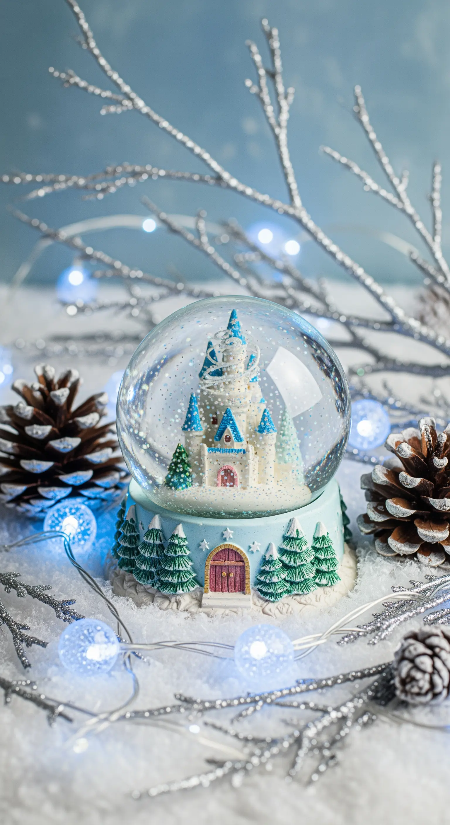 Invito a tema invernale con un globo di neve contenente un castello, circondato da luci e pigne.