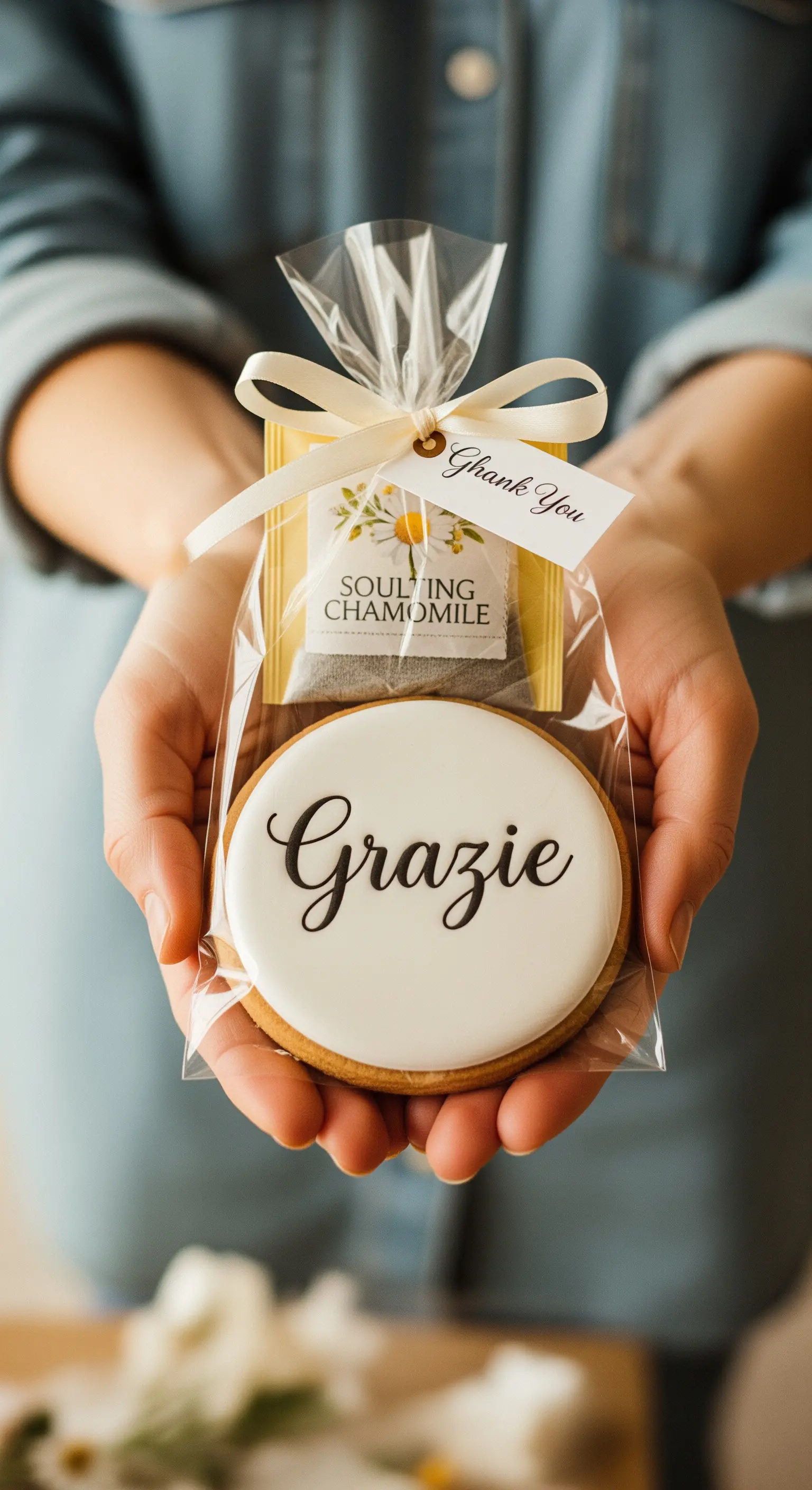 Una persona porge un sacchetto regalo con un biscotto con la scritta